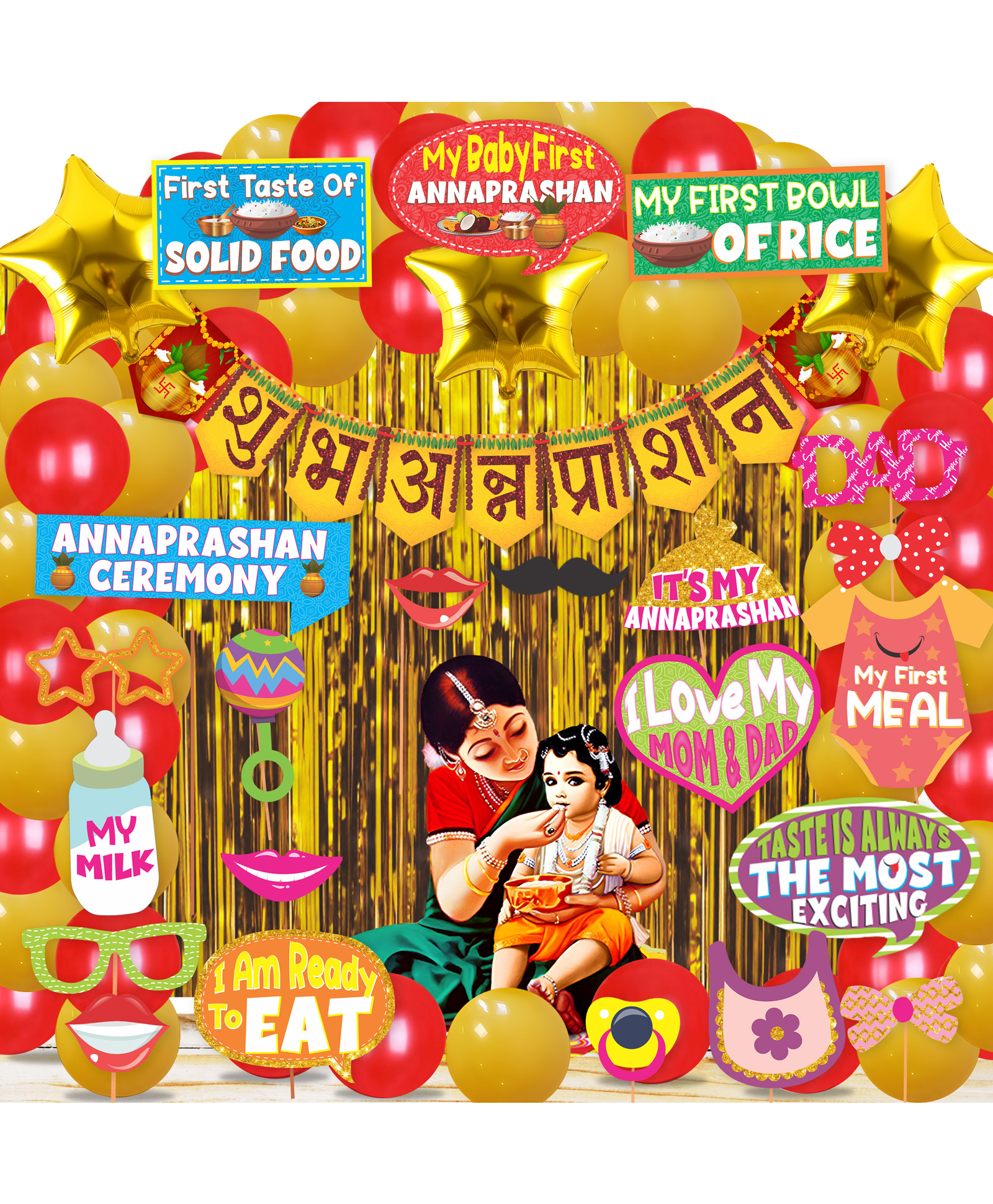 Wobbox Shubh Annaprashan Decoration Items Set which Includes Baby annaprashan Ceremony Props, Subh Annaprashan Banner, Rice Ceremony Decorations Items-(Pack of 60)