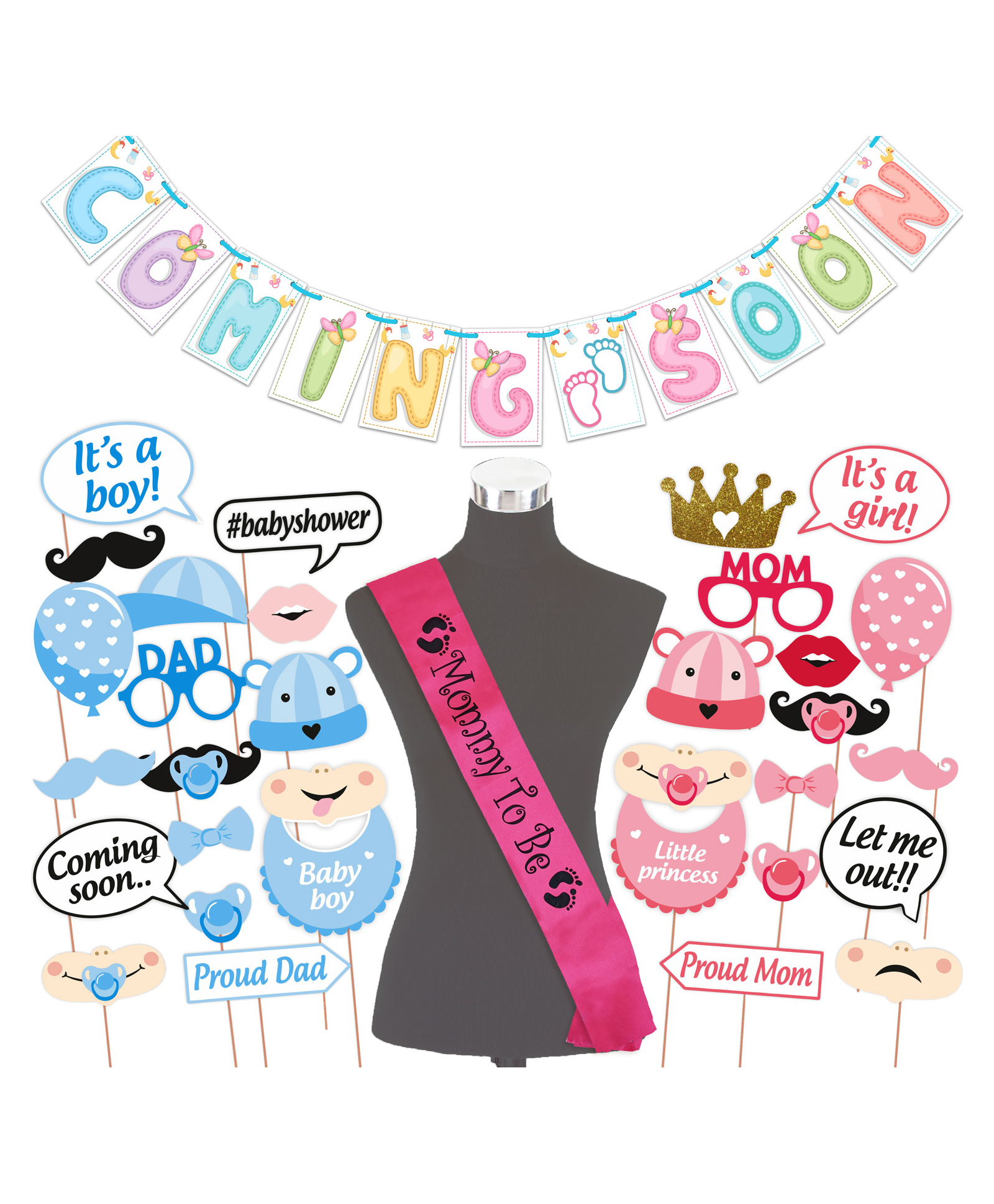 Wobbox Baby Shower Decoration Items, Baby Shower Ceremony Photo Booth Props for Photoshoot, Baby Shower Banner& Mom to Be Sash, Godh Bharai Ceremony Decoration Kit-Blue-Pink -(Pack of 32)-picture-22