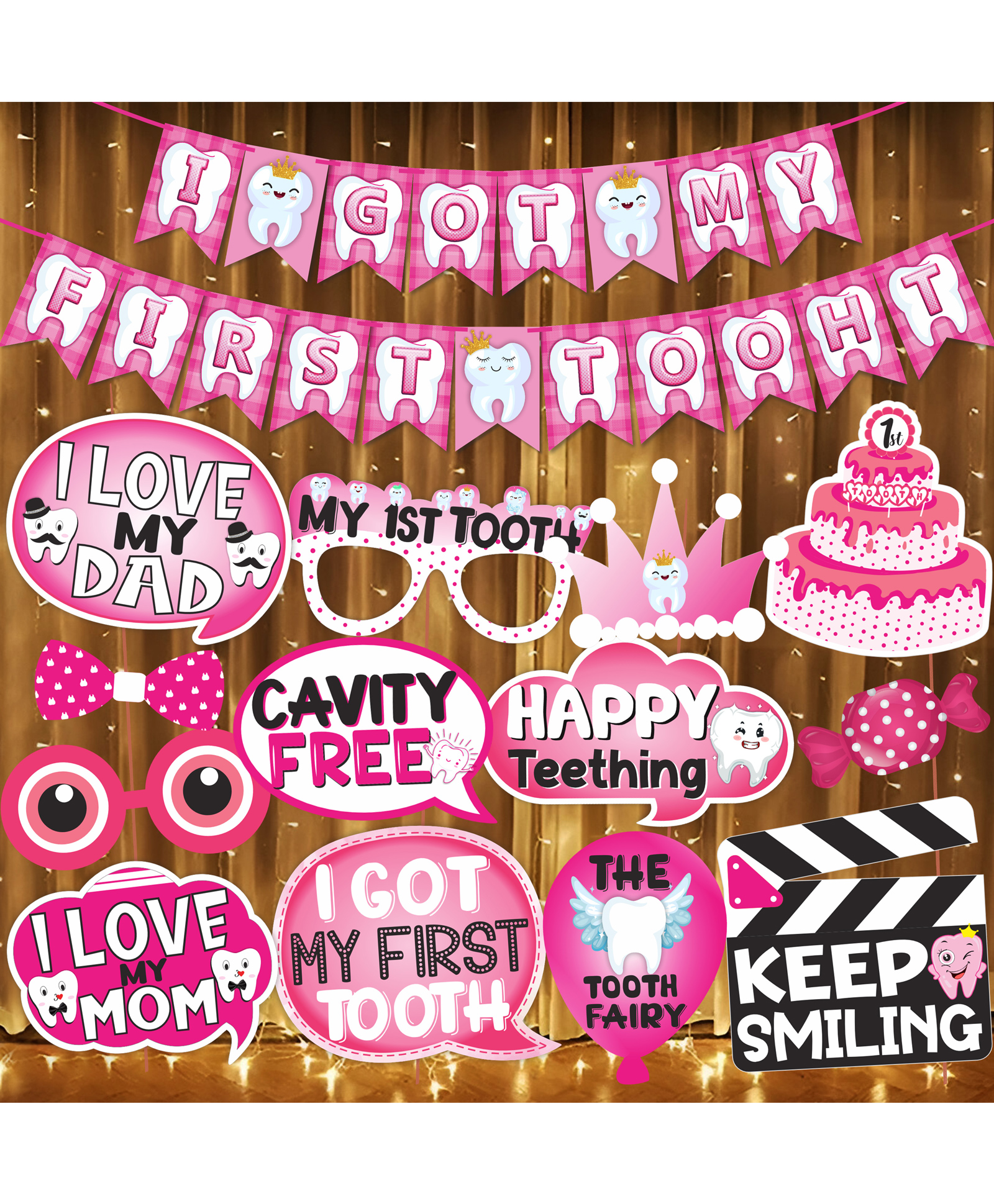Wobbox I Got My First Tooth Decoration Items for Baby Set Which Includes I Got My First Tooth Banner, My First Tooth Props, Rice Lights for Decoration -(Pack of 15)-image-3