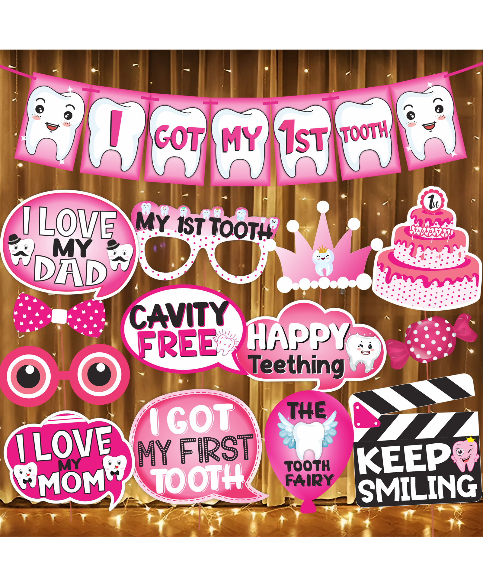 Wobbox I Got My First Tooth Decoration Items for Baby Set Which Includes I Got My First Tooth Banner, My First Tooth Props, Rice Lights for Decoration -(Pack of 15)