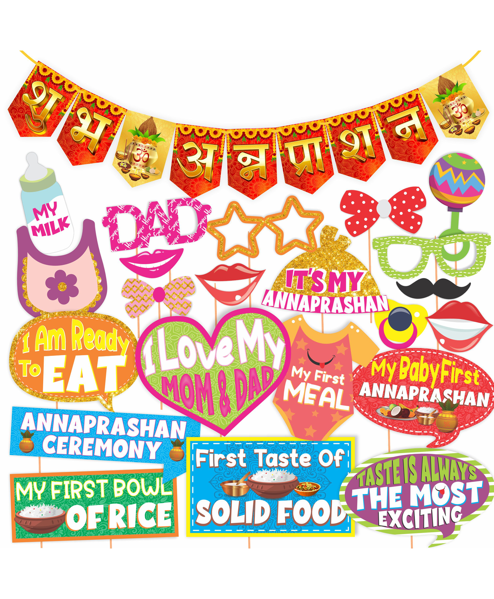 Wobbox Annaprashan Props, Subh Annaprashan Banner, Annaprashan Decoration Kit - Multicolor- (Pack of 23)
