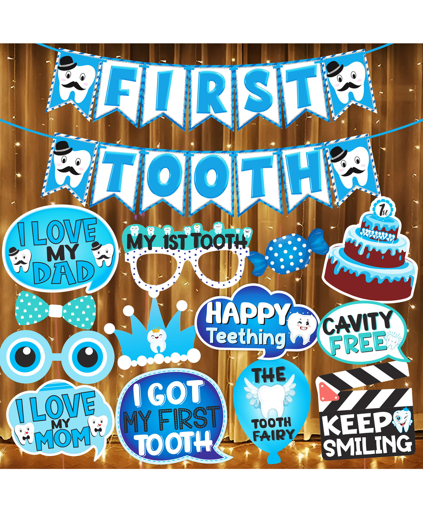 Wobbox I Got My First Tooth Decoration Items for Baby Set Which Includes I Got My First Tooth Banner, My First Tooth Props, Rice Lights for Decoration -(Pack of 15)-image-4