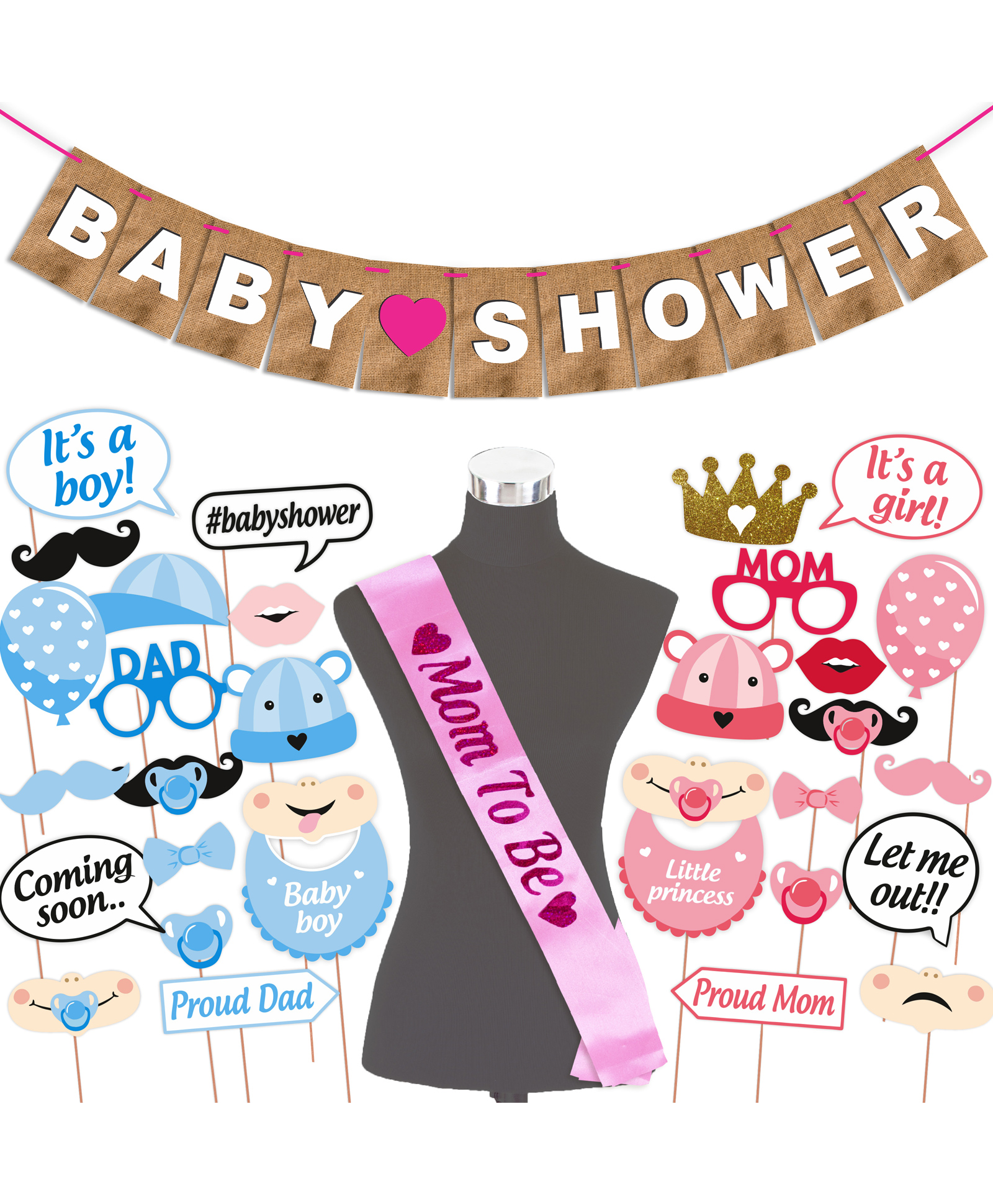 Wobbox Baby Shower Decoration Items, Baby Shower Ceremony Photo Booth Props for Photoshoot, Baby Shower Banner& Mom to Be Sash, Godh Bharai Ceremony Decoration Kit-Blue-Pink -(Pack of 32)-picture-18