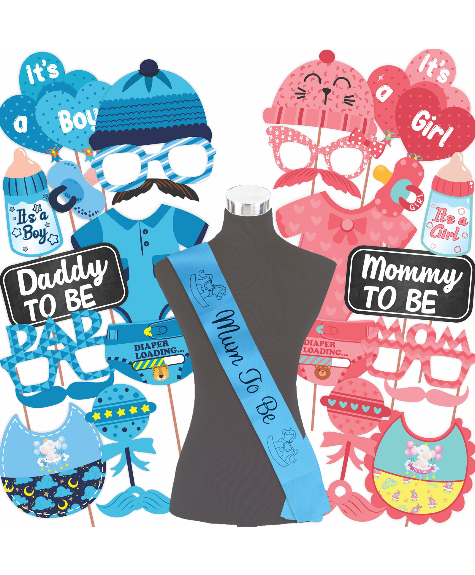 Wobbox Baby Shower Decoration Items, Baby Shower Ceremony Photo Booth Props for Photoshoot, Baby Shower Sash, Mom to Be Sash, Godh Bharai Ceremony Decoration Kit-Blue-Pink -(Pack of 29)-picture-19