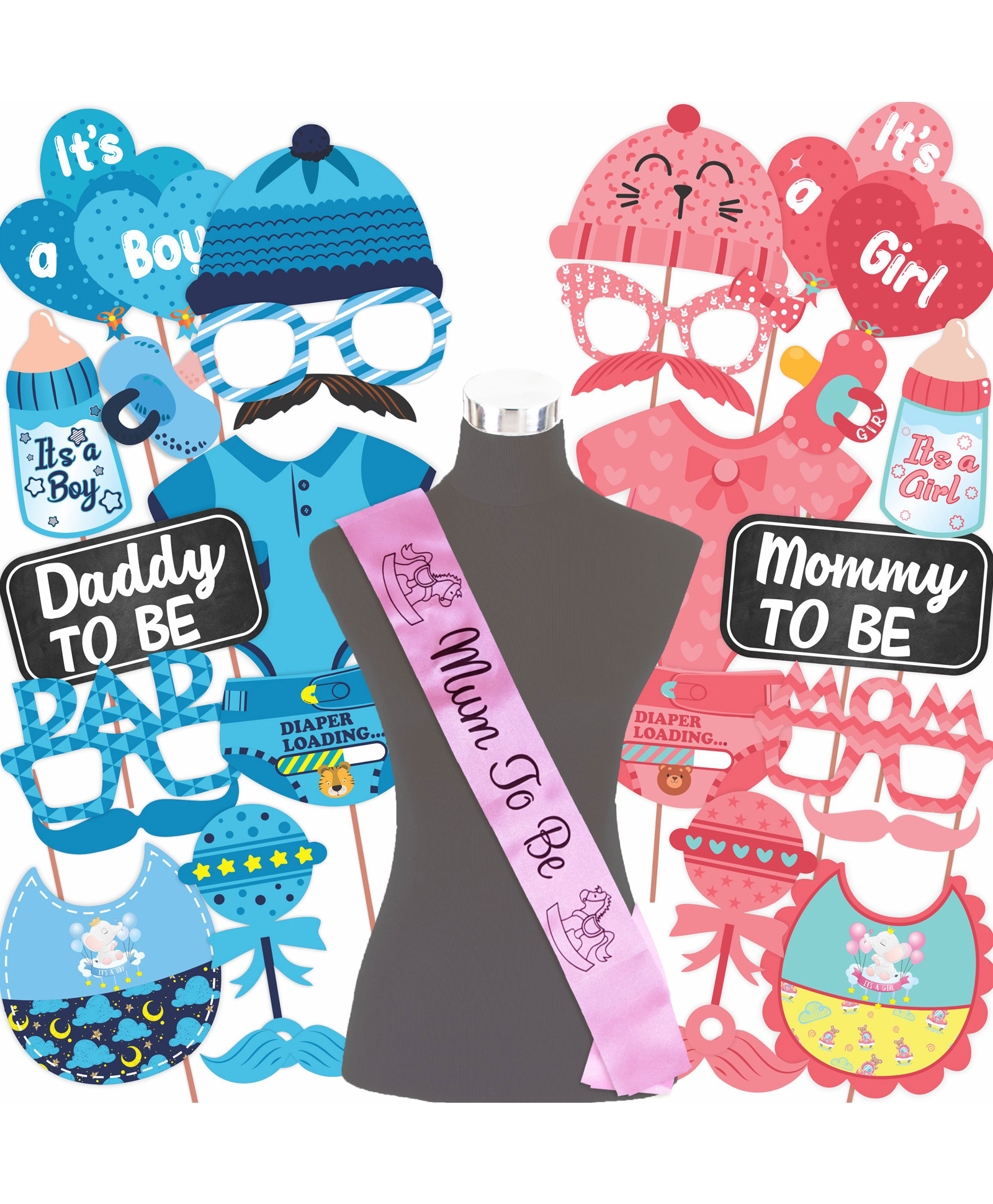 Wobbox Baby Shower Decoration Items, Baby Shower Ceremony Photo Booth Props for Photoshoot, Baby Shower Sash, Mom to Be Sash, Godh Bharai Ceremony Decoration Kit-Blue-Pink -(Pack of 29)-picture-20