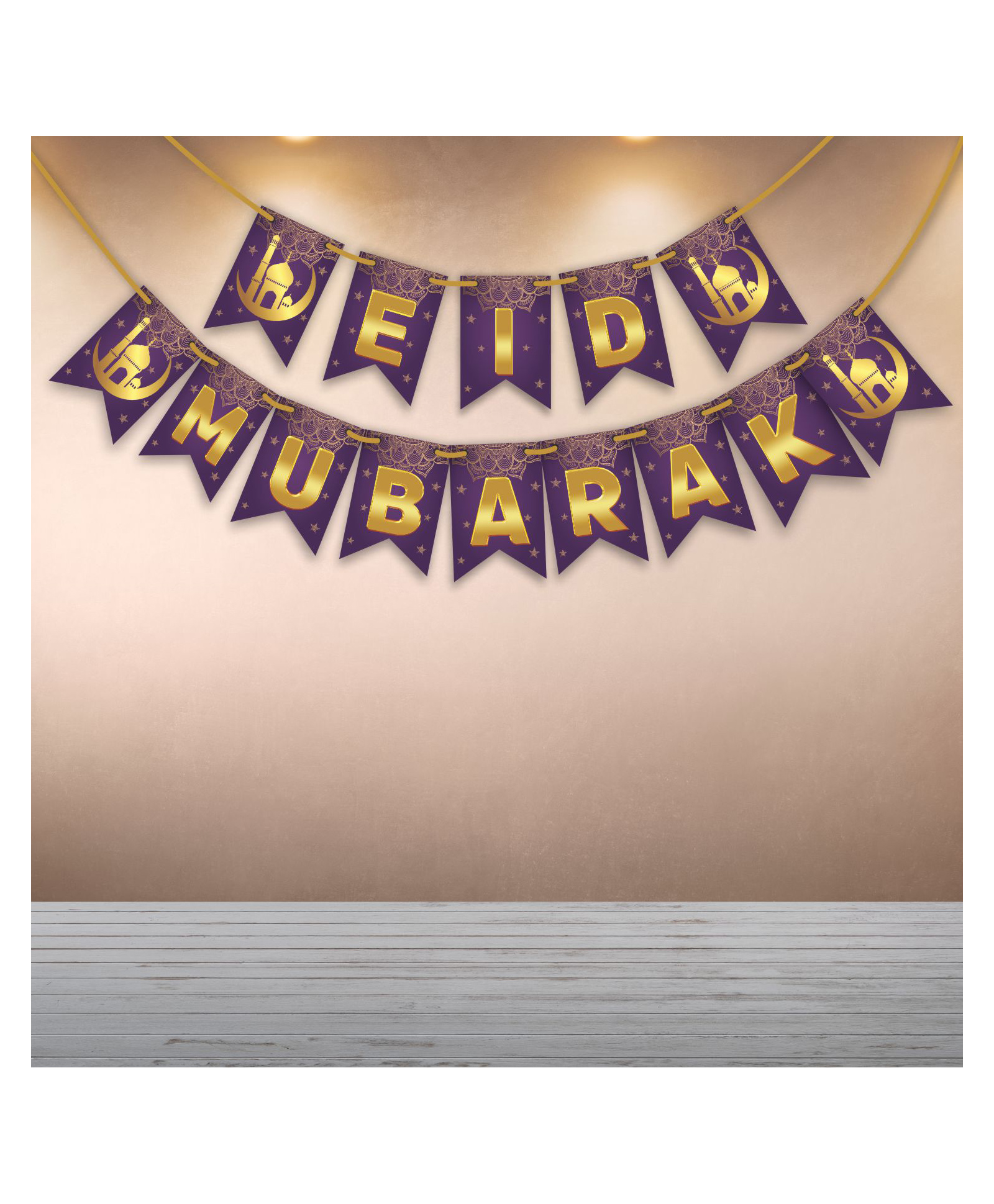 WOBBOX Eid Mubarak Bunting Banner, Ramadan Decoration Items, Eid Mubarak Decorations-Purple & Golden-(Pack of 1)-image-34