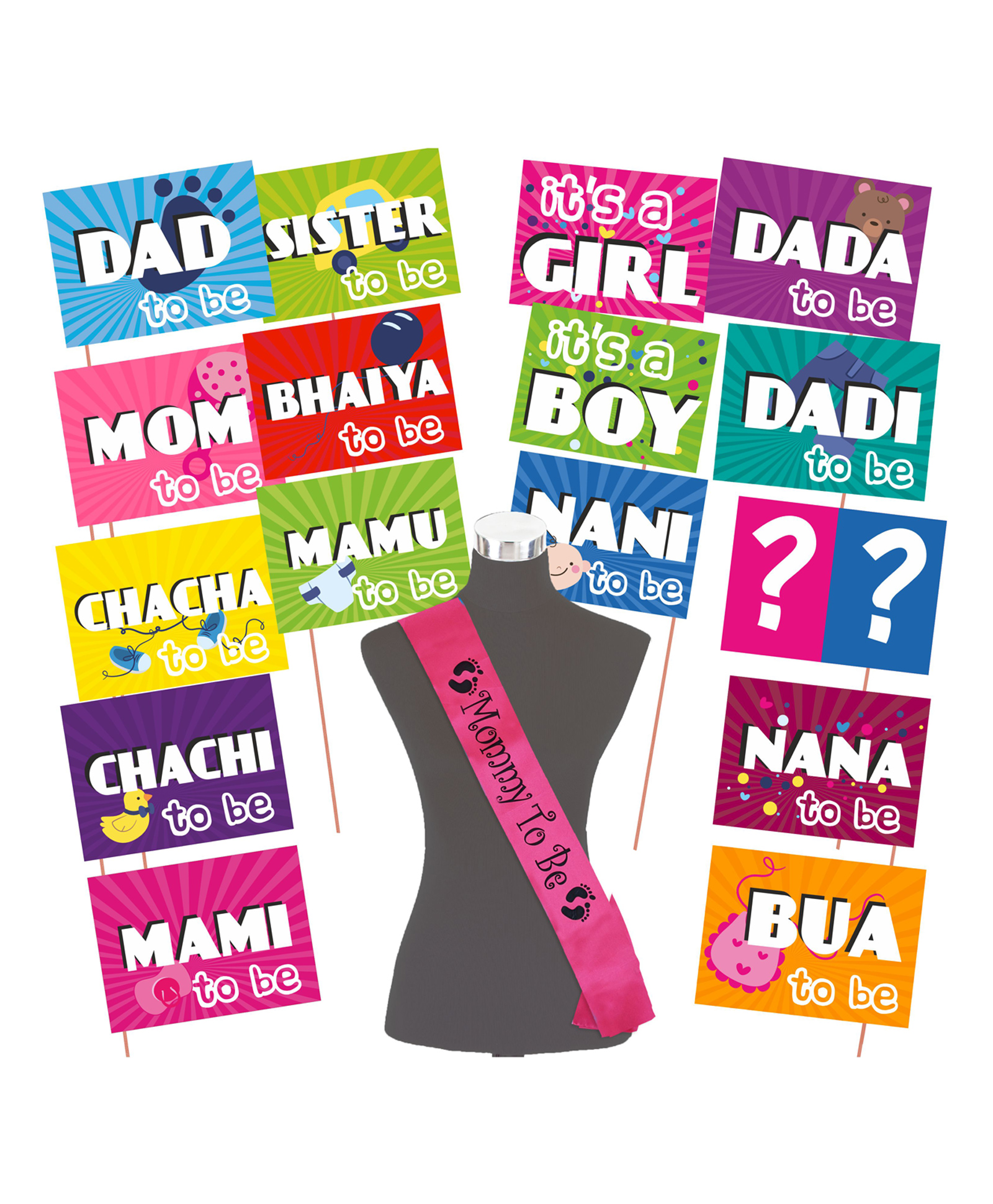 Wobbox Baby Shower Decoration Items| Baby Shower Photo Booth Props for Photoshoot, Mom to Be Satin Sash Daddy to Be Decoration Milticolor (Pack of 17)-image-24