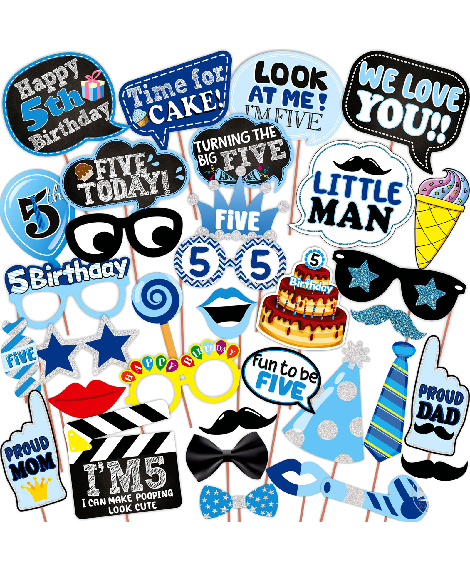 WOBBOX Fifth Birthday Photo Booth Party Props for Baby Boy, 5th Birthday Decorations for Boys, Kids Birthday Party Decoration Items Blue (Pack of 24 Pcs)-image-16