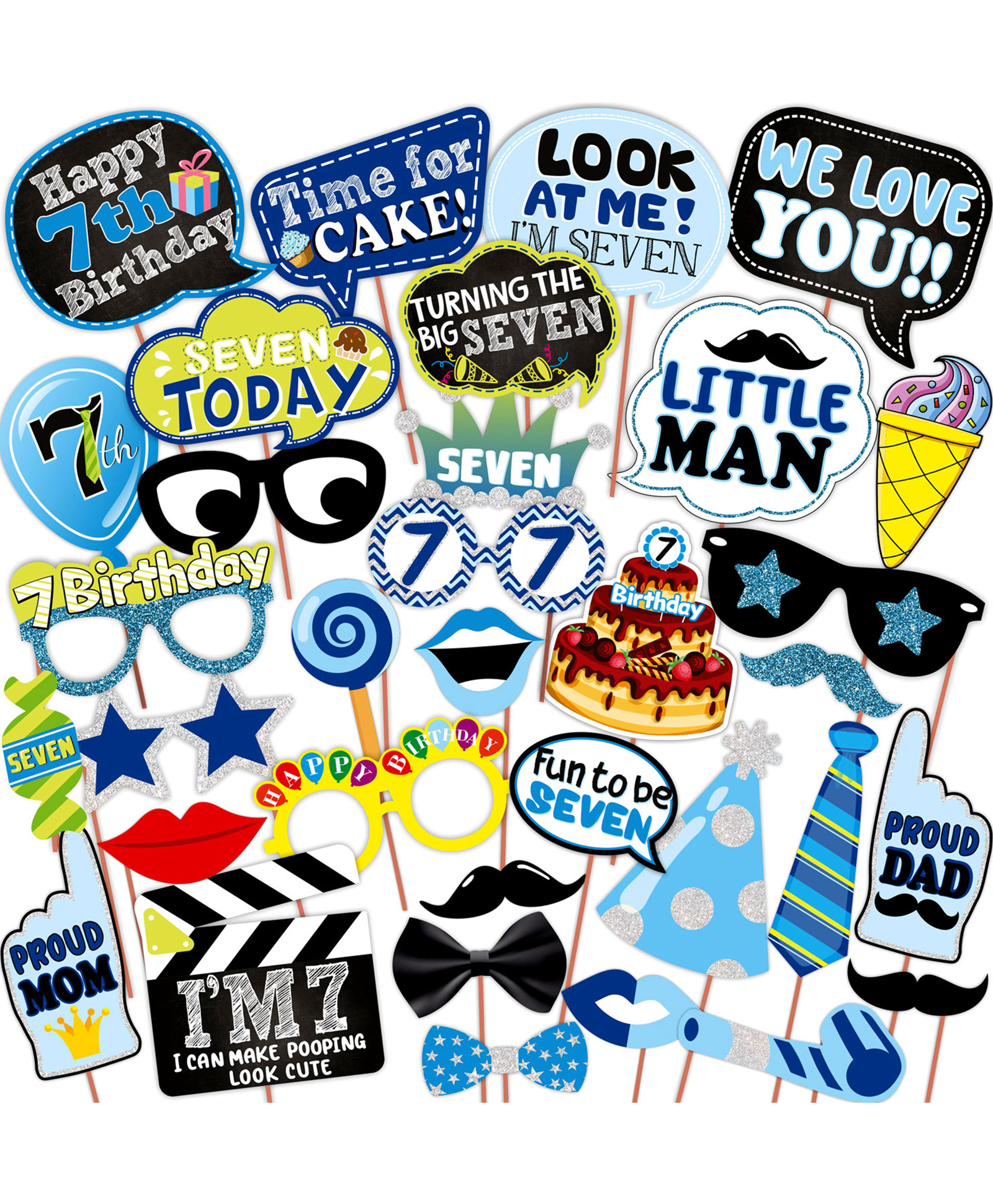 WOBBOX Seventh Birthday Photo Booth Party Props, 7th Birthday Decorations for Boys, Kids Birthday Party Decoration Items Blue (Pack of 24 Pcs)-image-24