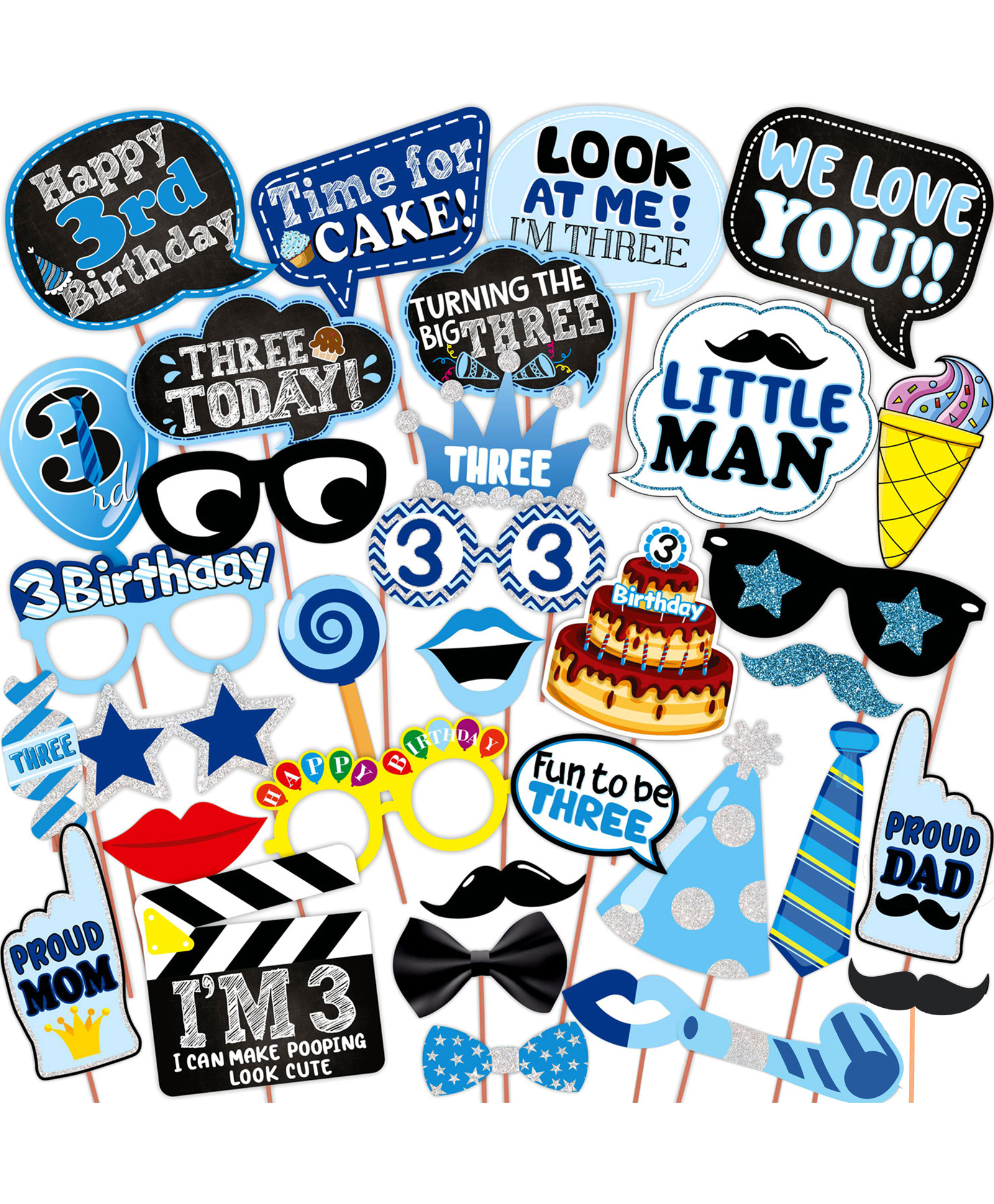 WOBBOX Third Birthday Photo Booth Party Props, 3rd Birthday Decorations for Boys, Kids Birthday Party Decoration Items Blue(Pack of 24 Pcs)-image-49