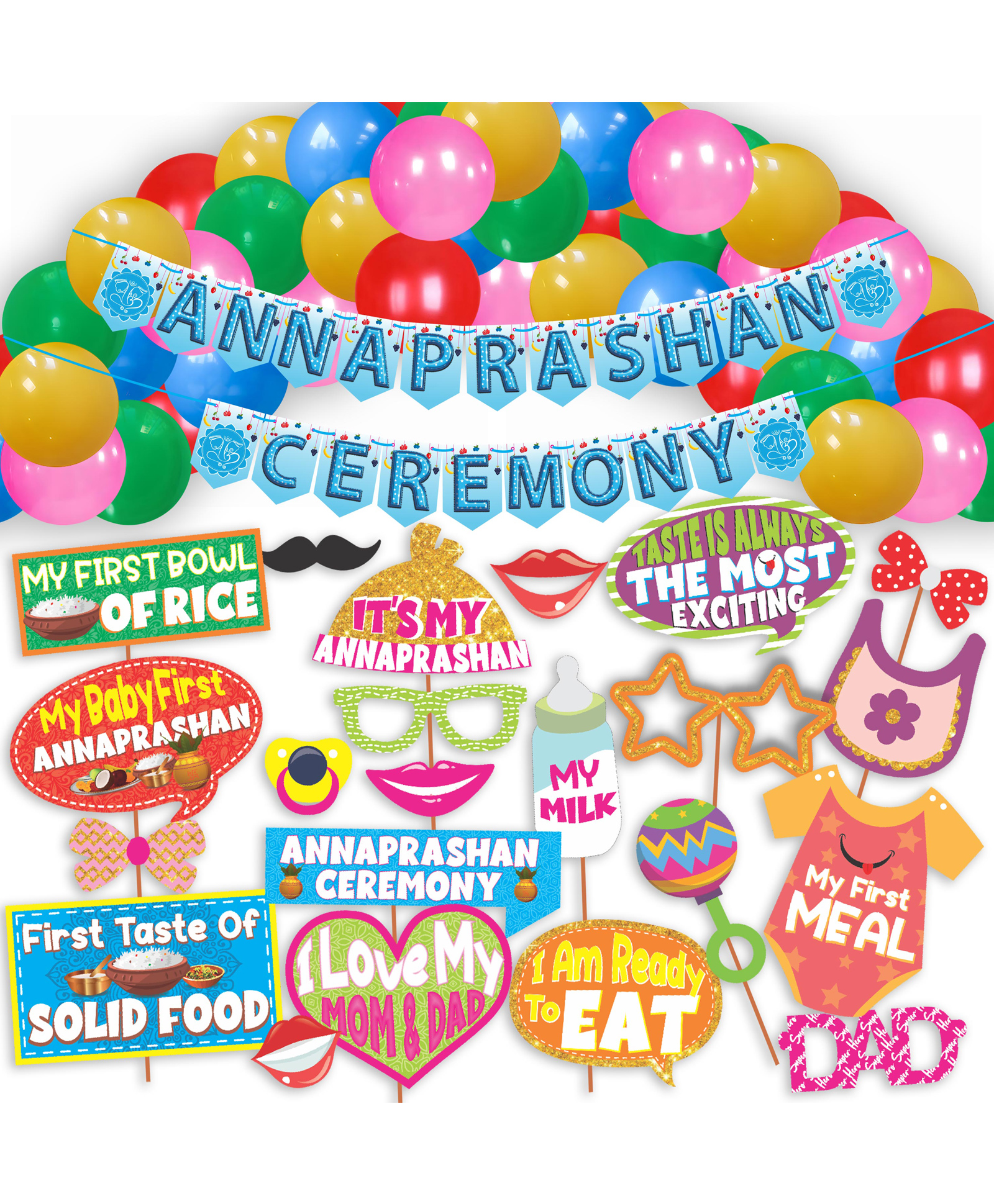 WOBBOX Annaprashan Party Props with Flower Background Bunting Banner & Balloon, Annaprashan Decoration Item Sky Blue Color (Pack of 43 )-image-29