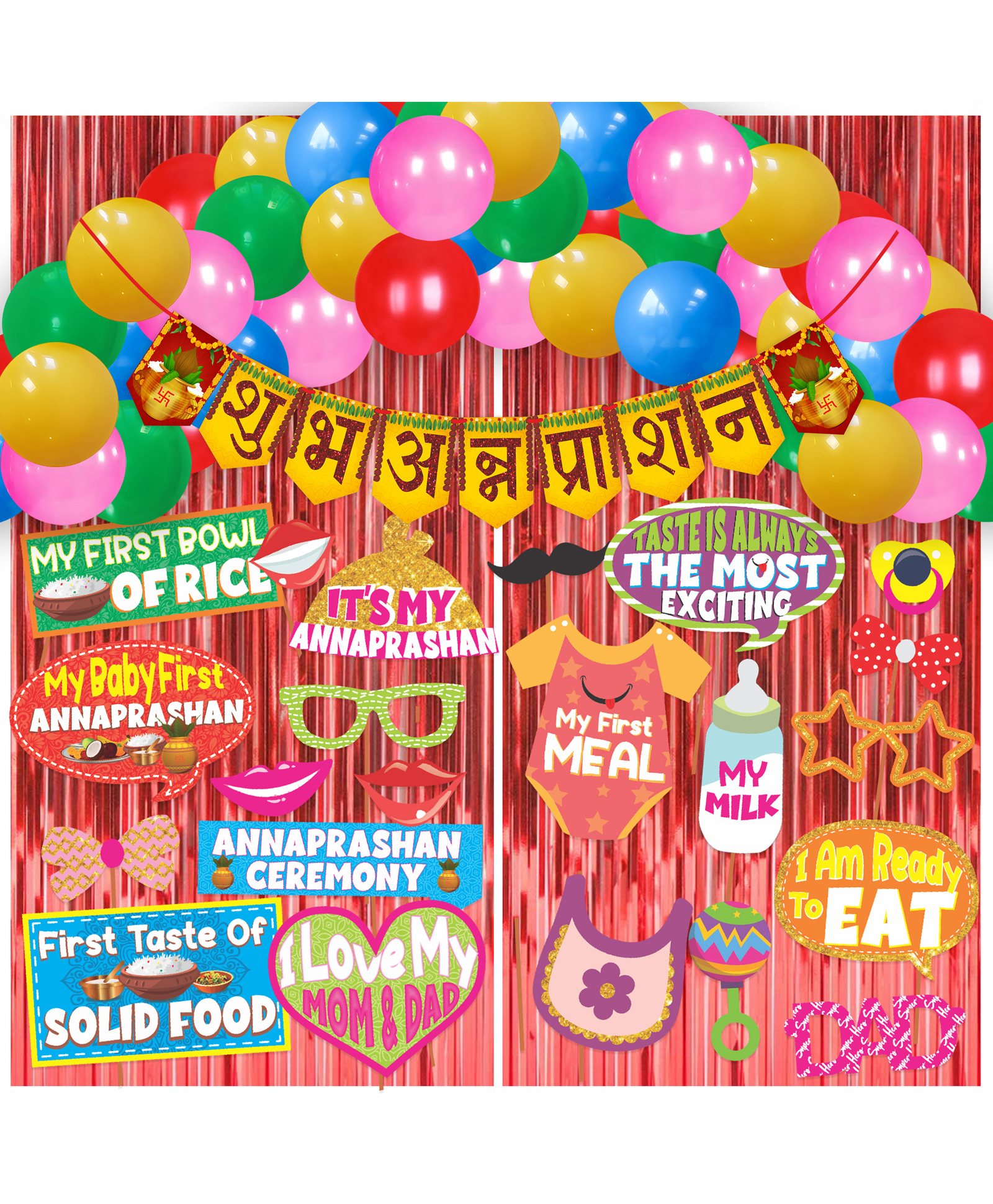 WOBBOX Annaprashan Party Props with Hindi Font Bunting Banner, Balloon & Foil Fringe, Annaprashan Decoration Item Yellow Background with Maroon Color Font (Pack of 44 )-image-1