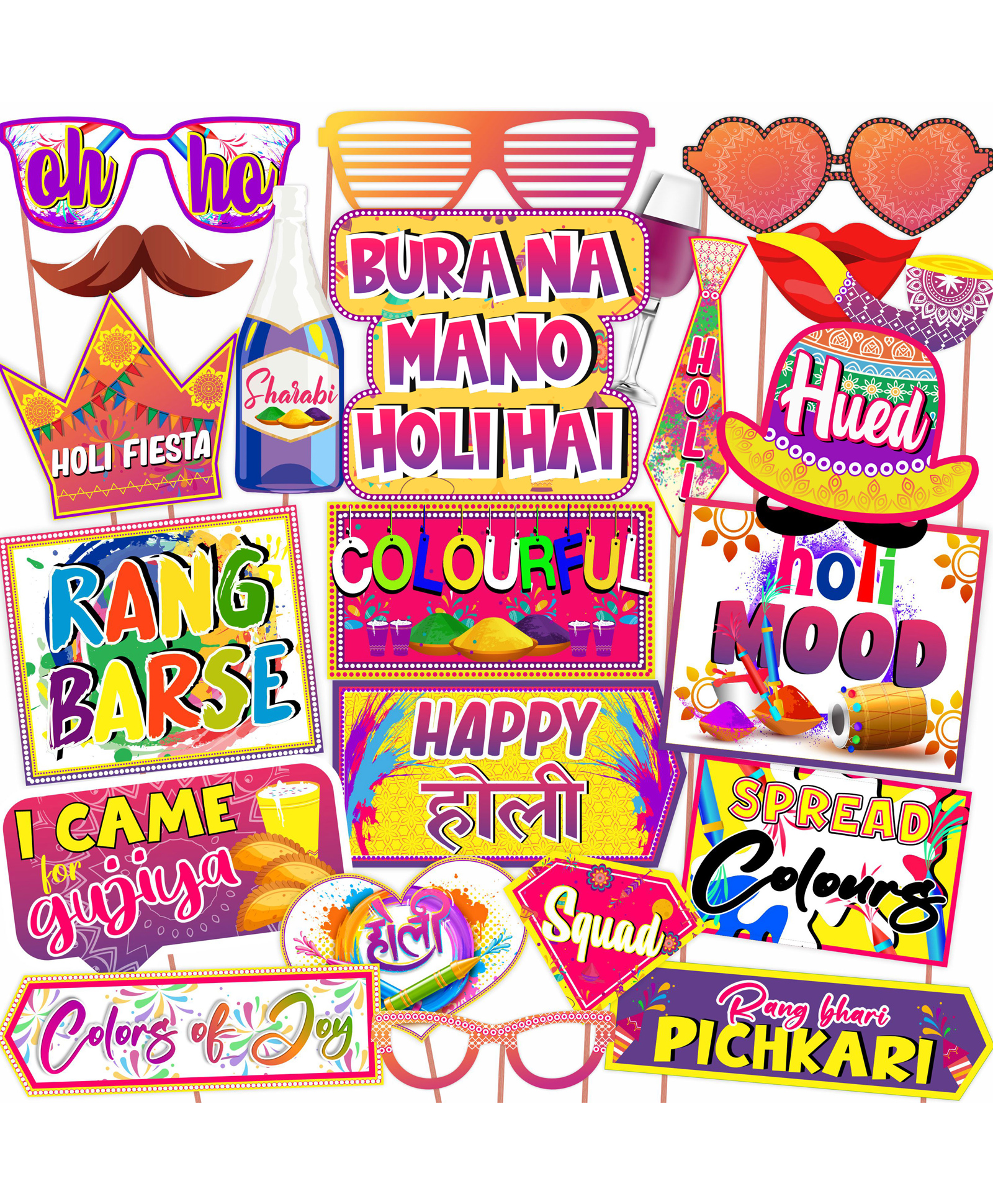 Wobbox Happy Holi Props for Party, Holi Celebration, Happy Holi Decorations Items for Home Multicolour (Pack of 24 Pcs)-picture-13
