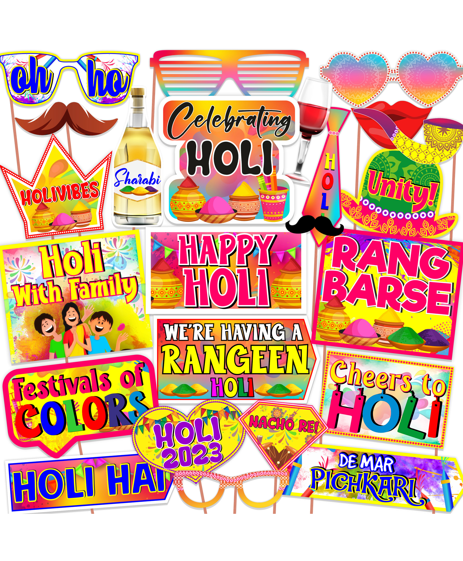Wobbox Happy Holi Props for Party, Holi Celebration, Happy Holi Decorations Items for Home Multicolor (Pack of 24 Pcs)