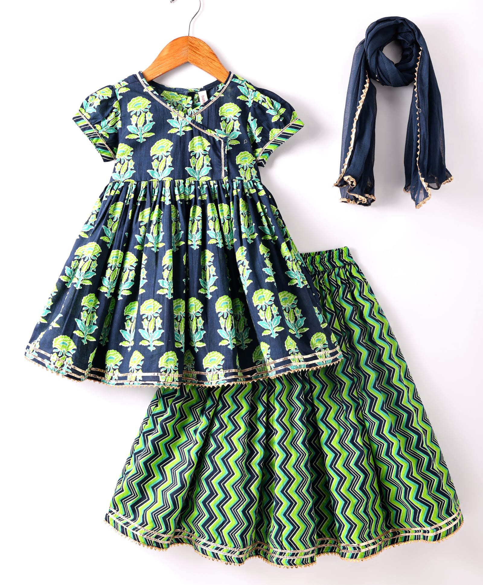 Babyhug Cotton Woven Half Puffed Sleeves Cambric Printed Lehenga Choli & Dupatta Set - Navy Blue & Green-image-34