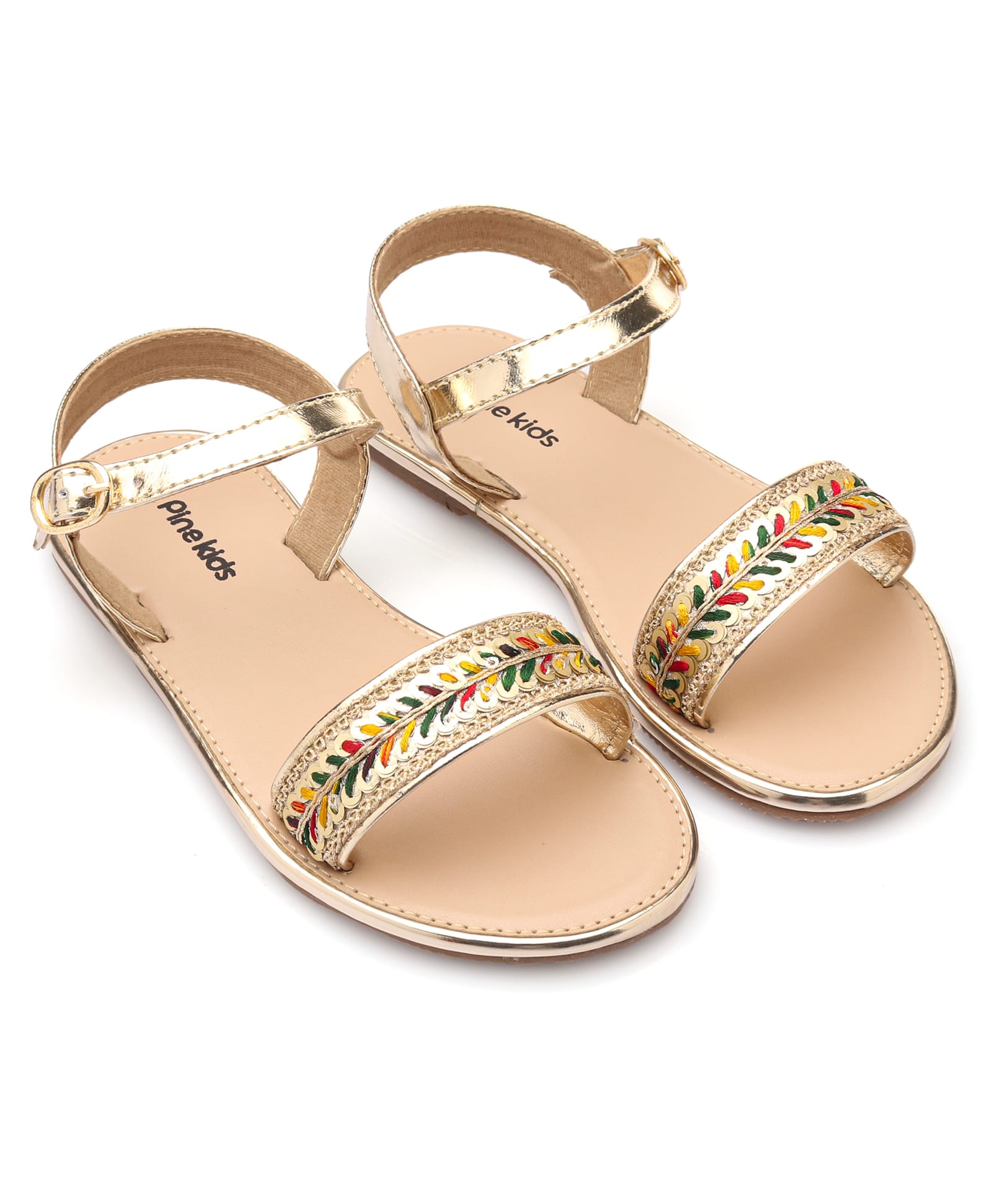Pine Kids Party Wear Sandals with Buckle Closure & Sequin Detailing - Golden-picture-27