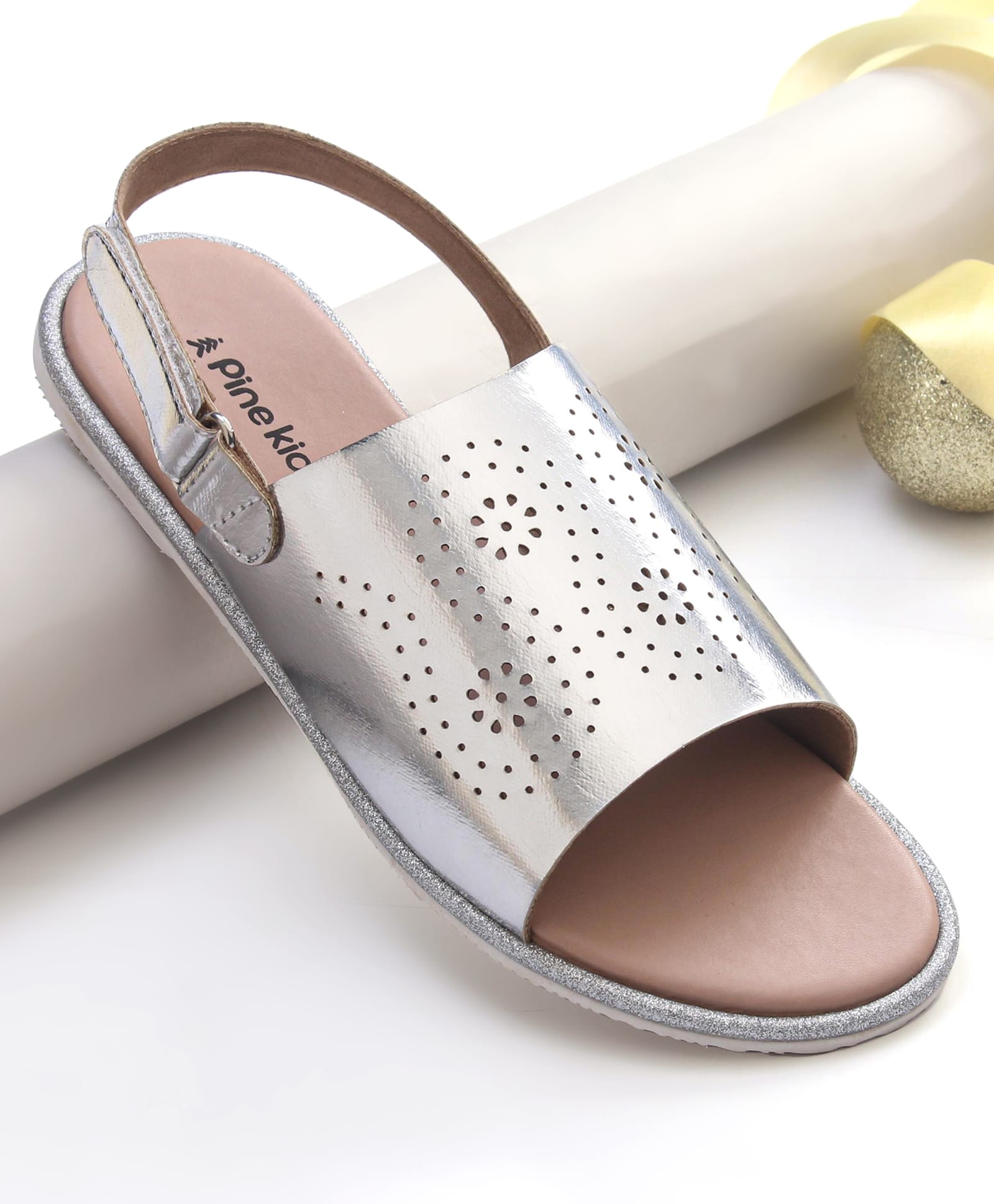 Pine Kids Sandals with Velcro Closure & Foil Detailing - Silver-picture-15