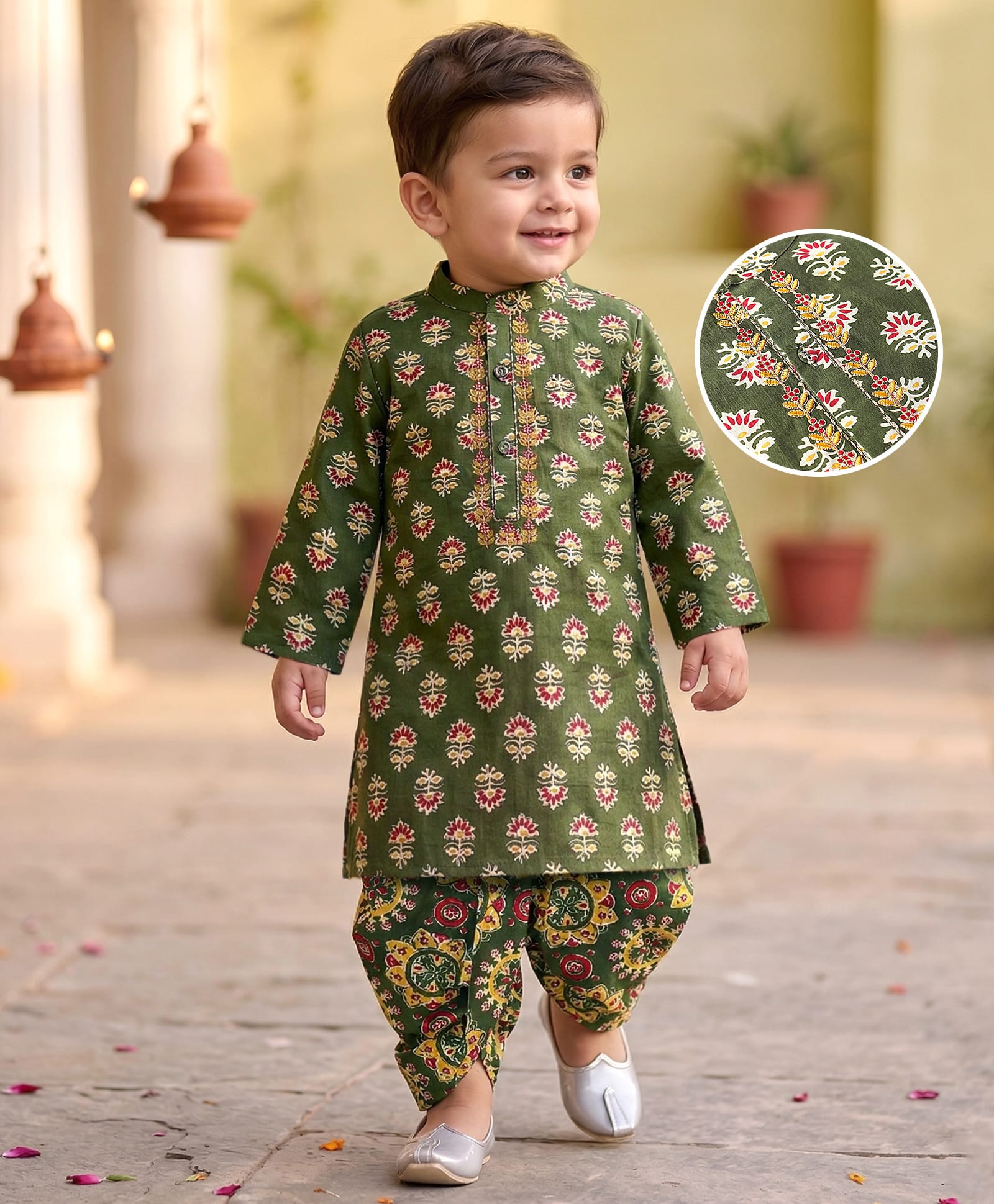 Babyhug Cotton Woven Full Sleeves Floral Printed Kurta & Dhoti Set - Olive Green-image-18