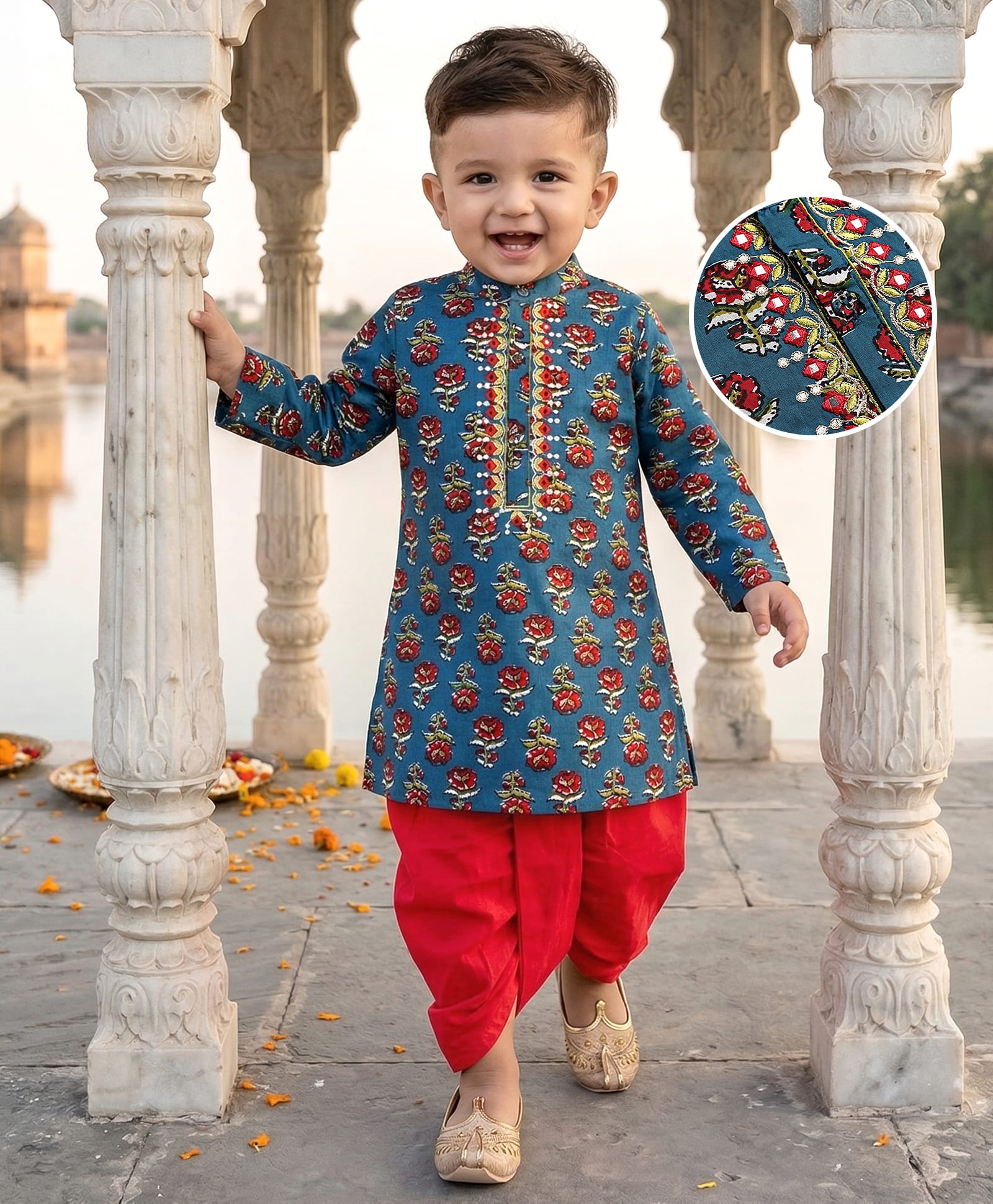 Babyhug Woven Full Sleeves Kurta Dhoti Set Floral Print - Teal Blue-image-44