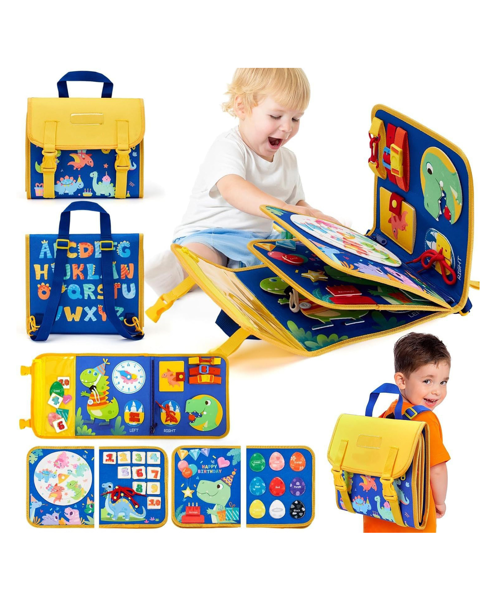 KolorFish Toddler Toys Busy Board,Montessori Toys, Gift 18 in 1 Preschool Learning Activities with 12 Life Skills-Numbers,String Beads,Shapes,Colors,Puzzles,Alphabet (Dinosaur Birthday) Pack of 1-image-4