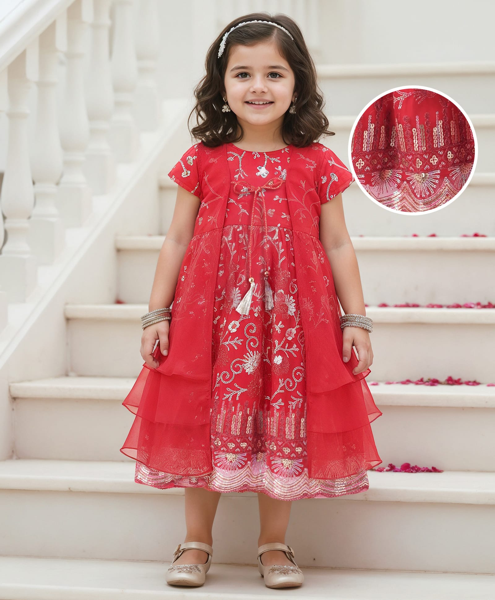 Babyhug Woven Short Sleeves Sequinned Floral Embroidered Frock with SleevelessJacket - Red-picture-11
