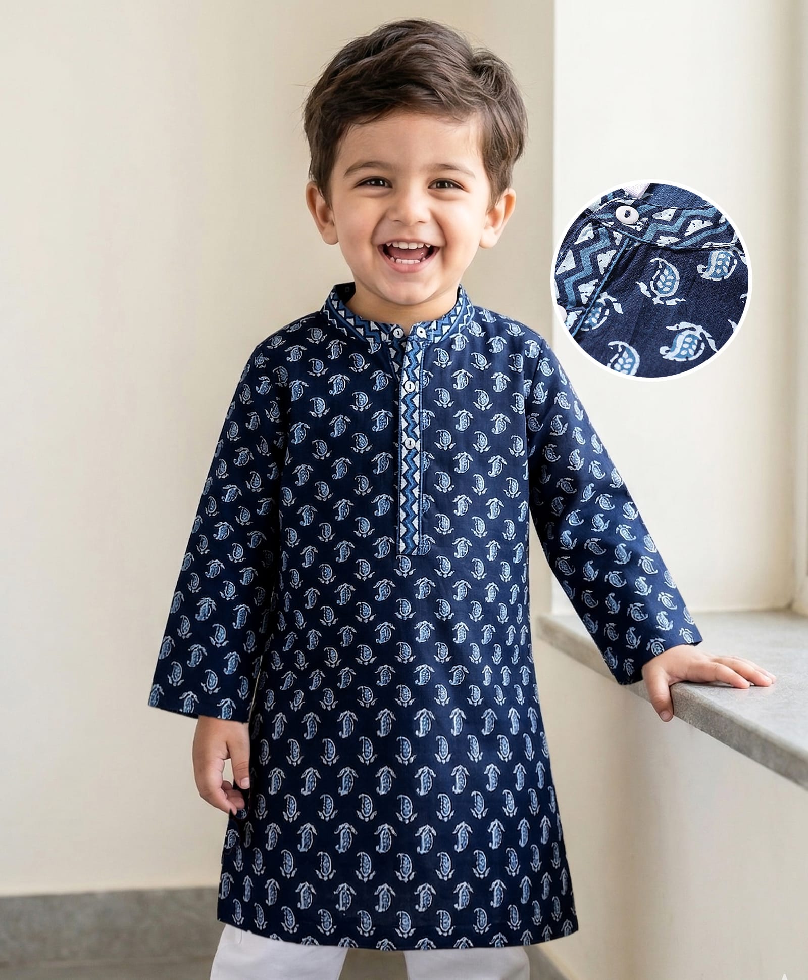 Babyhug CottonWoven Full Sleeves Ikat Printed Kurta - Navy Blue-image-2