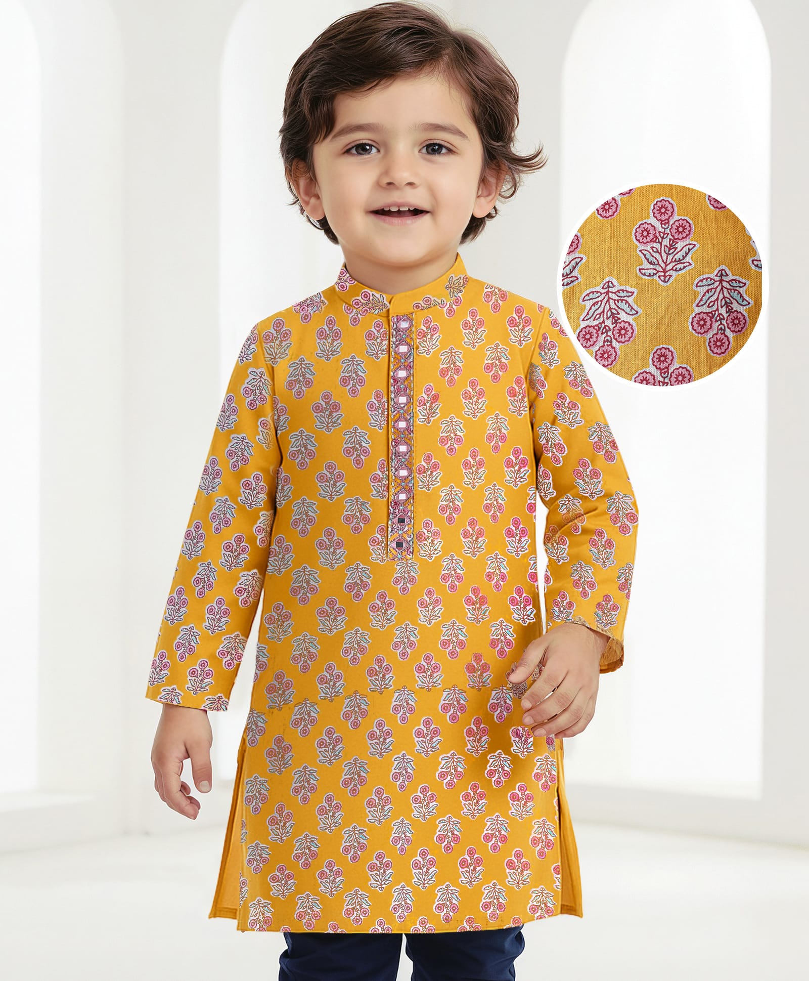 Babyhug Cotton Full Sleeves Floral Printed Kurta - Mustard-image-5