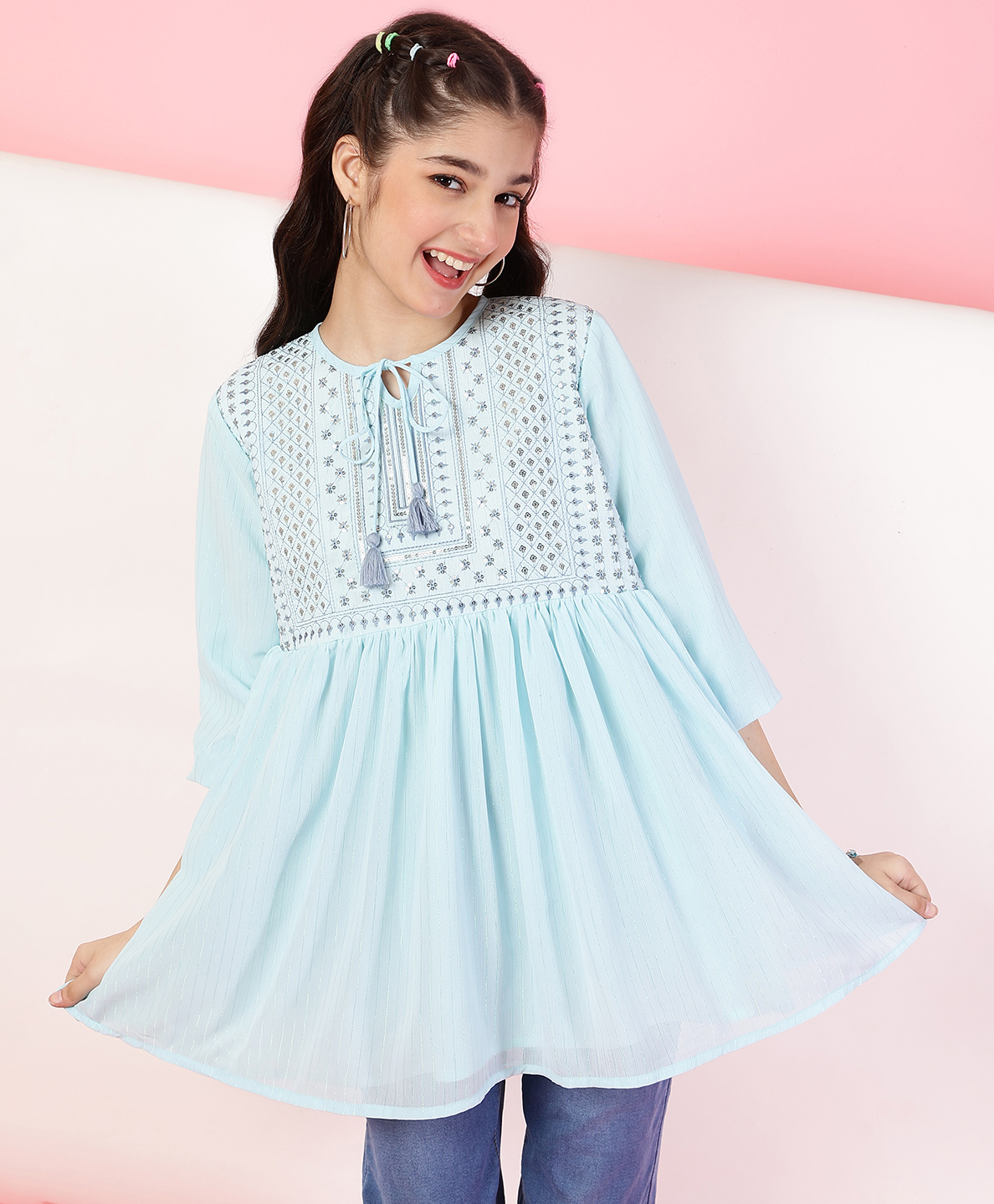 ISHTI Three Fourth Sleeves Sequin Embellished Thread Work Embroidered Top - Light Blue-picture-17
