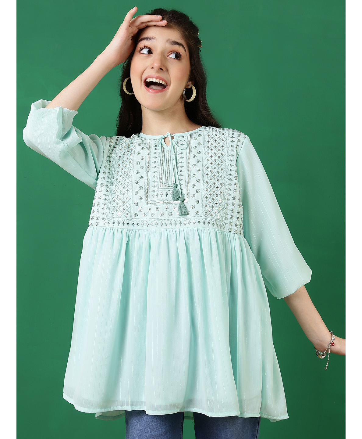 ISHTI Three Fourth Sleeves Sequin Embellished Thread Work Embroidered Top - light Green-picture-18