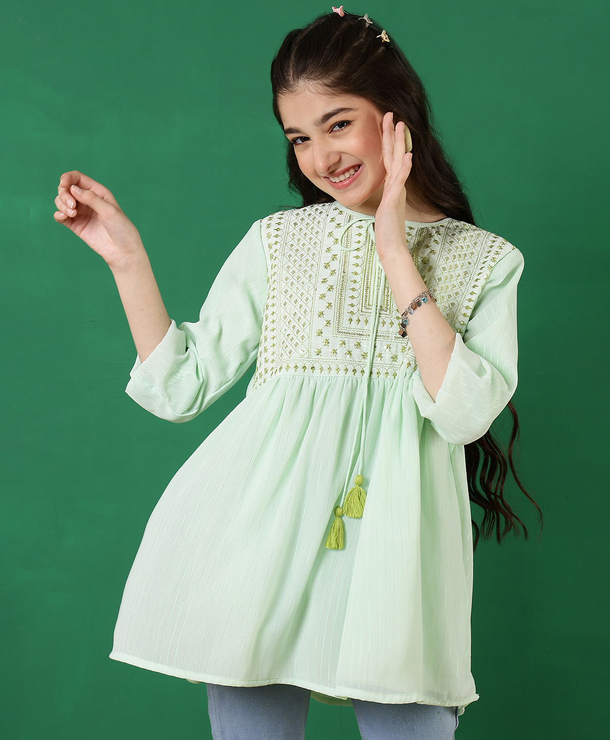 ISHTI Three Fourth Sleeves Sequence Embroidered Top - Light Green-picture-27
