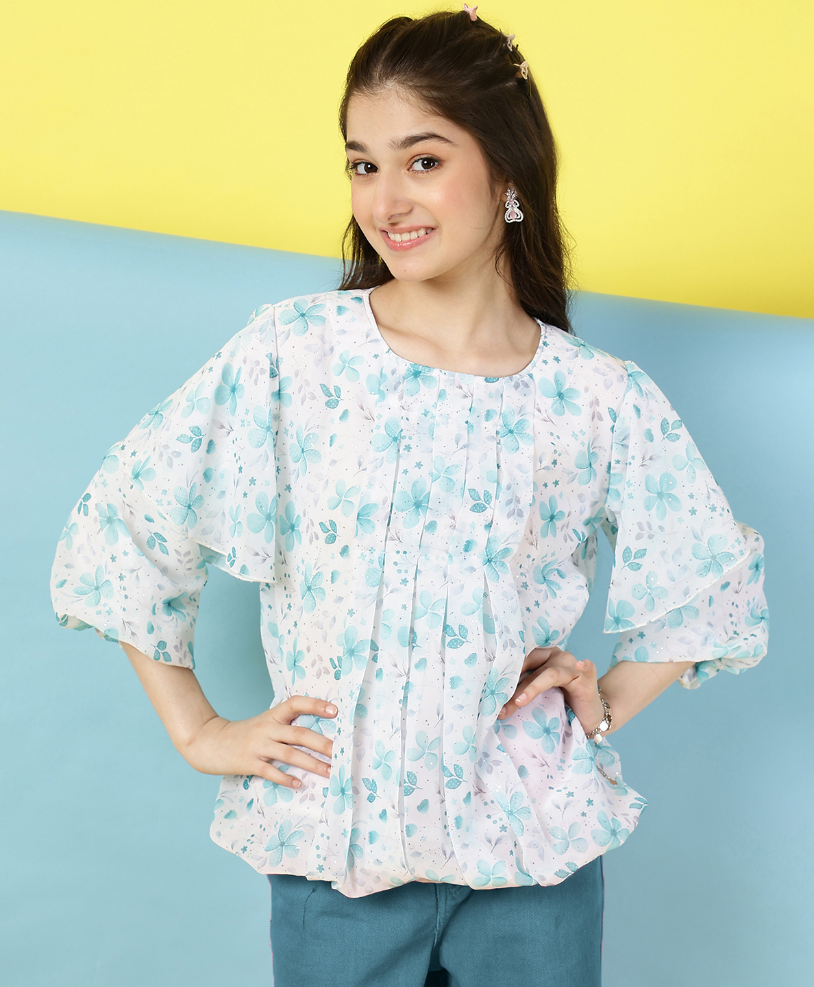 ISHTI Three Fourth Balloon Sleeves Floral Pleated Top - Sea Green-picture-25