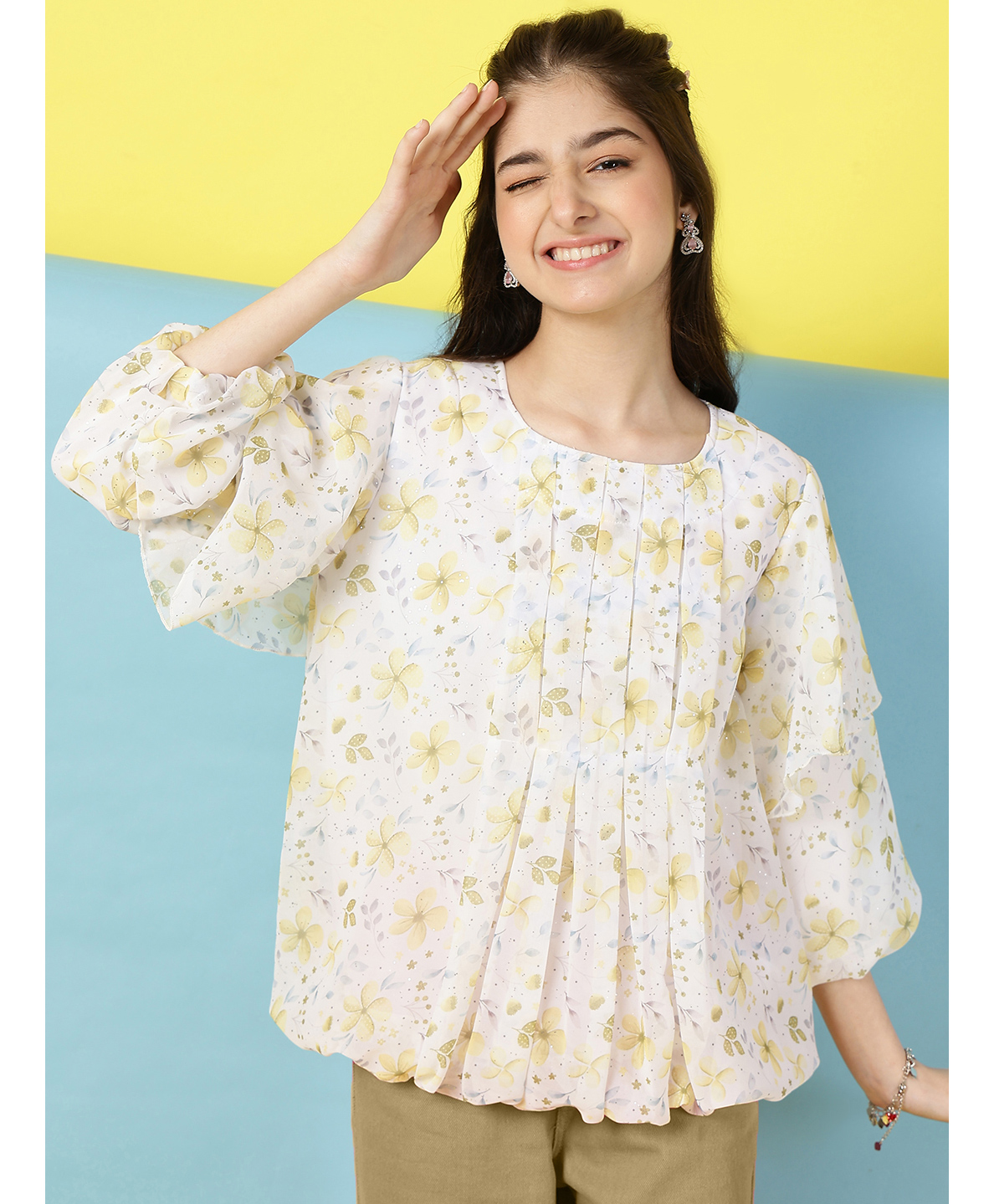 ISHTI Three Fourth Balloon Sleeves Floral Pleated Top - Yellow-picture-25