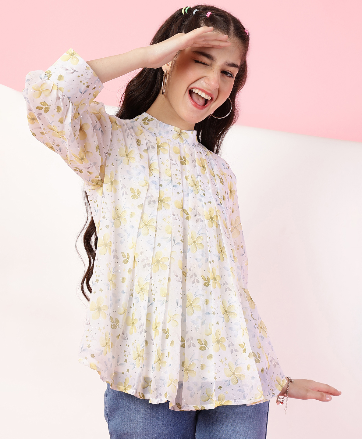 ISHTI Georgette Three Fourth Bishop Sleeves Floral Printed & Pleat Detailed Top - Yellow-image-46