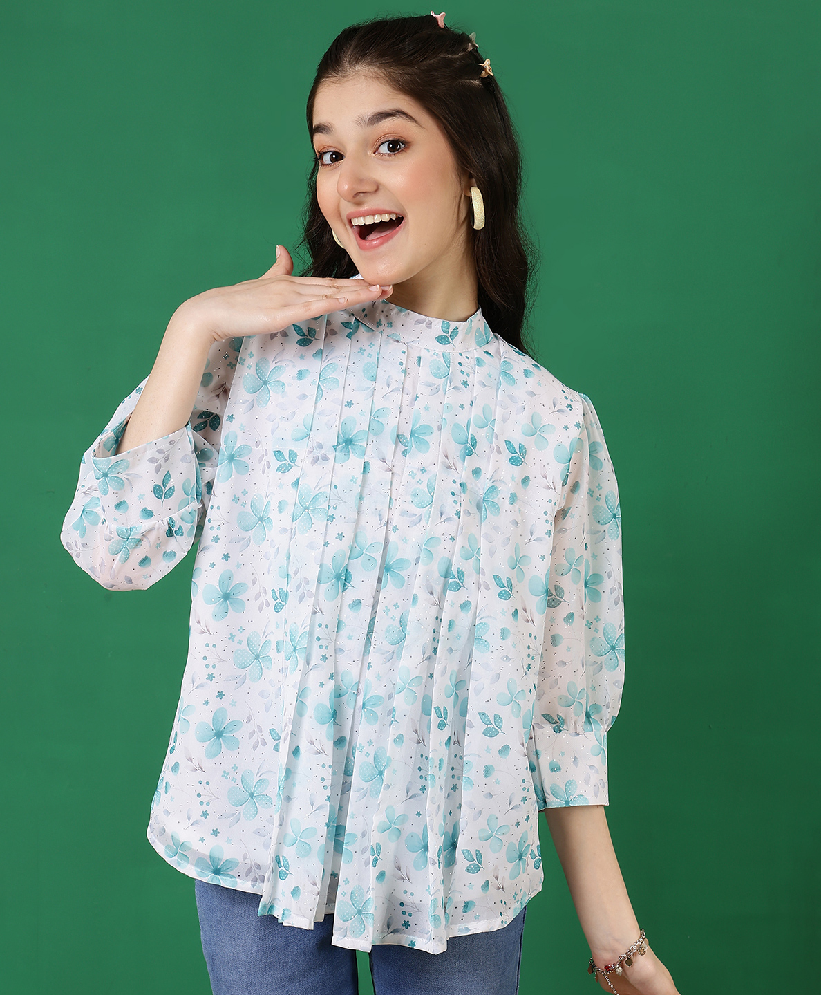 ISHTI Georgette Three Fourth Bishop Sleeves Floral Printed & Pleat Detailed Top - Sky Blue-image-5