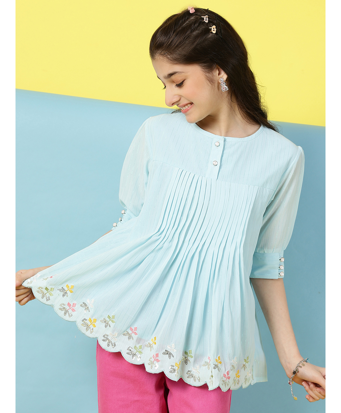 ISHTI Three Fourth Sleeves Floral Embroidered Top - Blue-picture-37