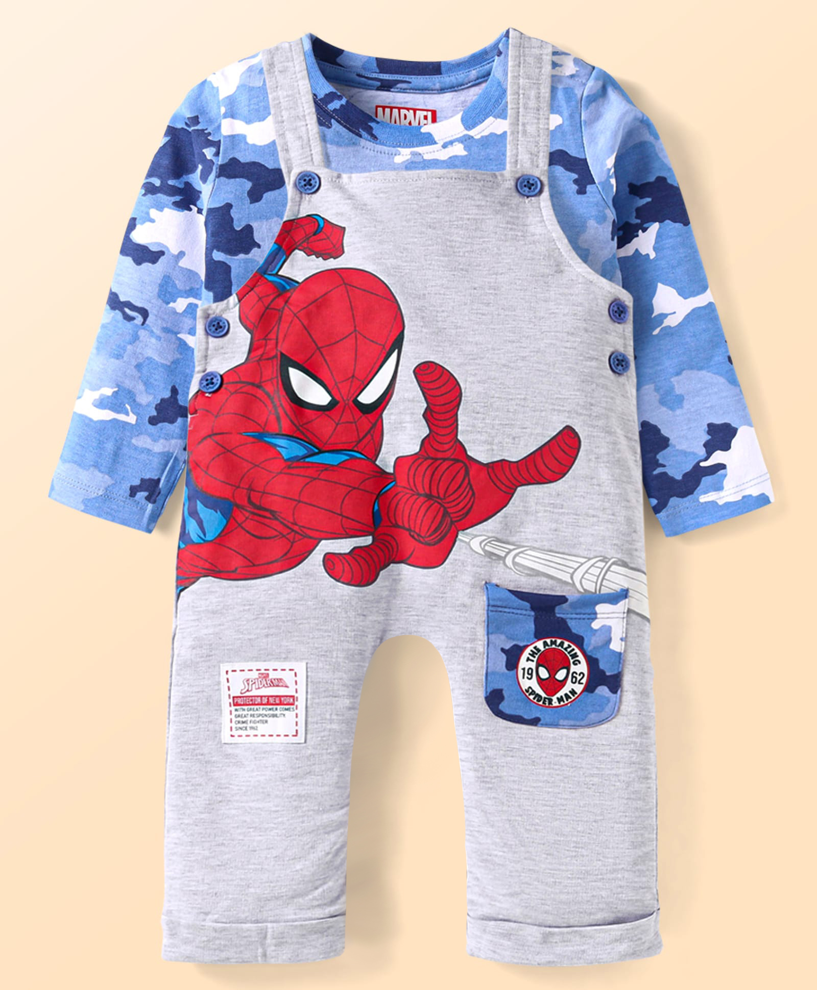 Babyhug Marvel Single Jersey Knit Full Sleeves T-Shirt & Full Length Dungaree Set with Spider-Man Graphics - Light Grey-image-34