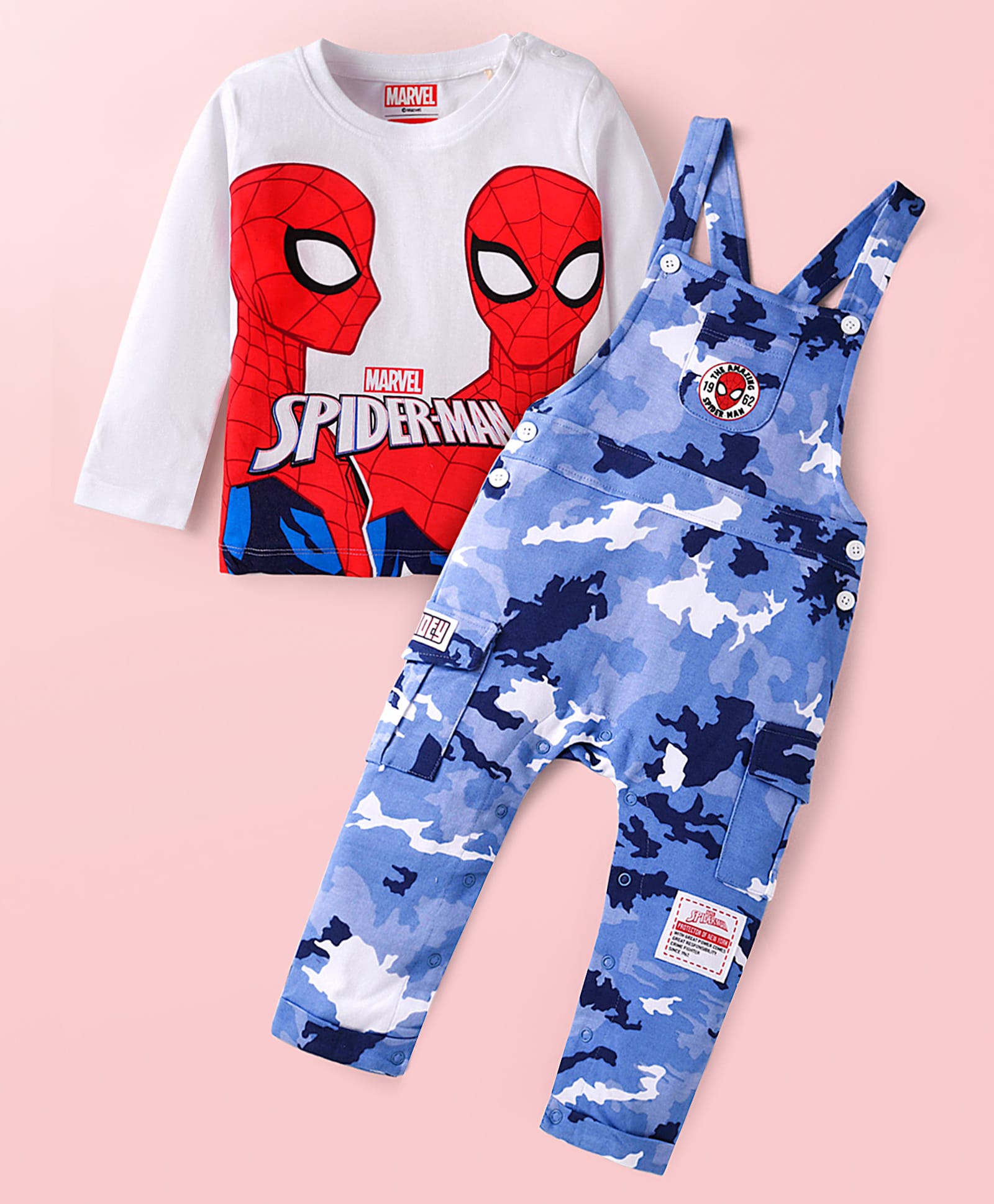 Babyhug Marvel Single Jersey Knit Full Sleeves T-Shirt & Dungaree with Spiderman Graphics - Red & Blue-image-21