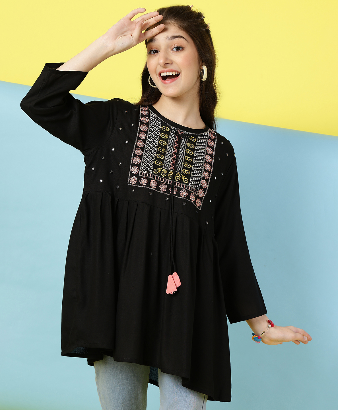 ISHTI Rayon Three Fourth Sleeves Floral Embroidered & Mirror Work Detailed Top - Black-picture-20