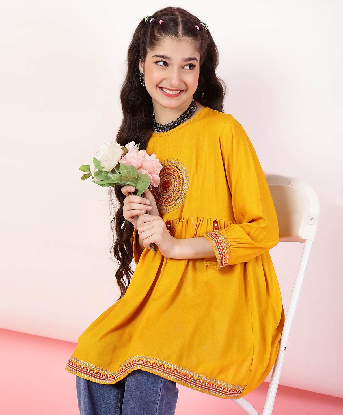 ISHTI Rayon Three Fourth Sleeves Mandala Embroidered Top - Yellow-picture-27