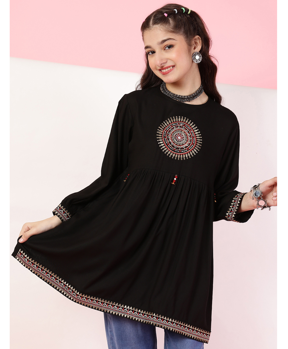 ISHTI Rayon Three Fourth Sleeves Mandala Embroidered Top - Black-picture-16