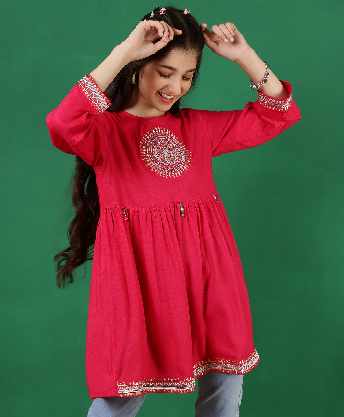 ISHTI Rayon Three Fourth Sleeves Mandala Embroidered Top - Pink-picture-12