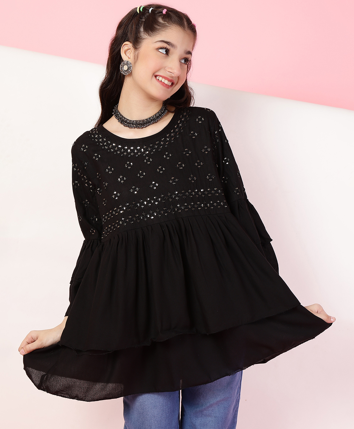 ISHTI Rayon Three Fourth Bell Sleeves Floral Embroidered & Sequins Embellished Top - Black-picture-35