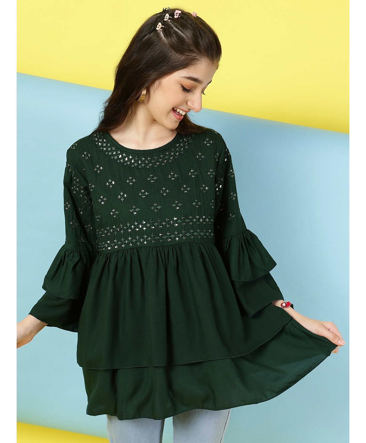 ISHTI Rayon Three Fourth Bell Sleeves Floral Embroidered & Sequins Embellished Top - Dark Green-picture-36