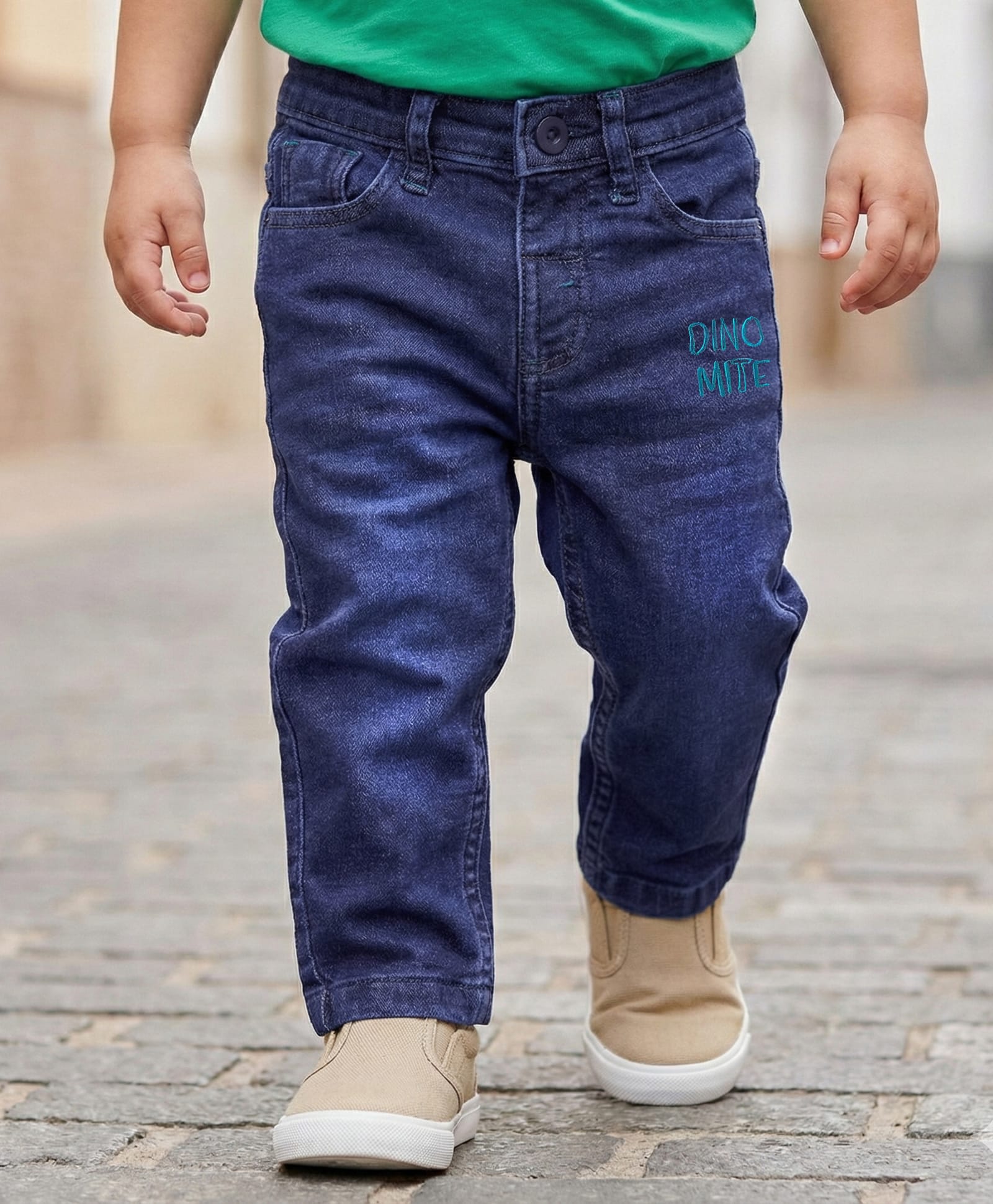 Babyoye Denim Woven Full Length Solid Dyed Jeans with Dino MiteEmbroidery - Blue-picture-25