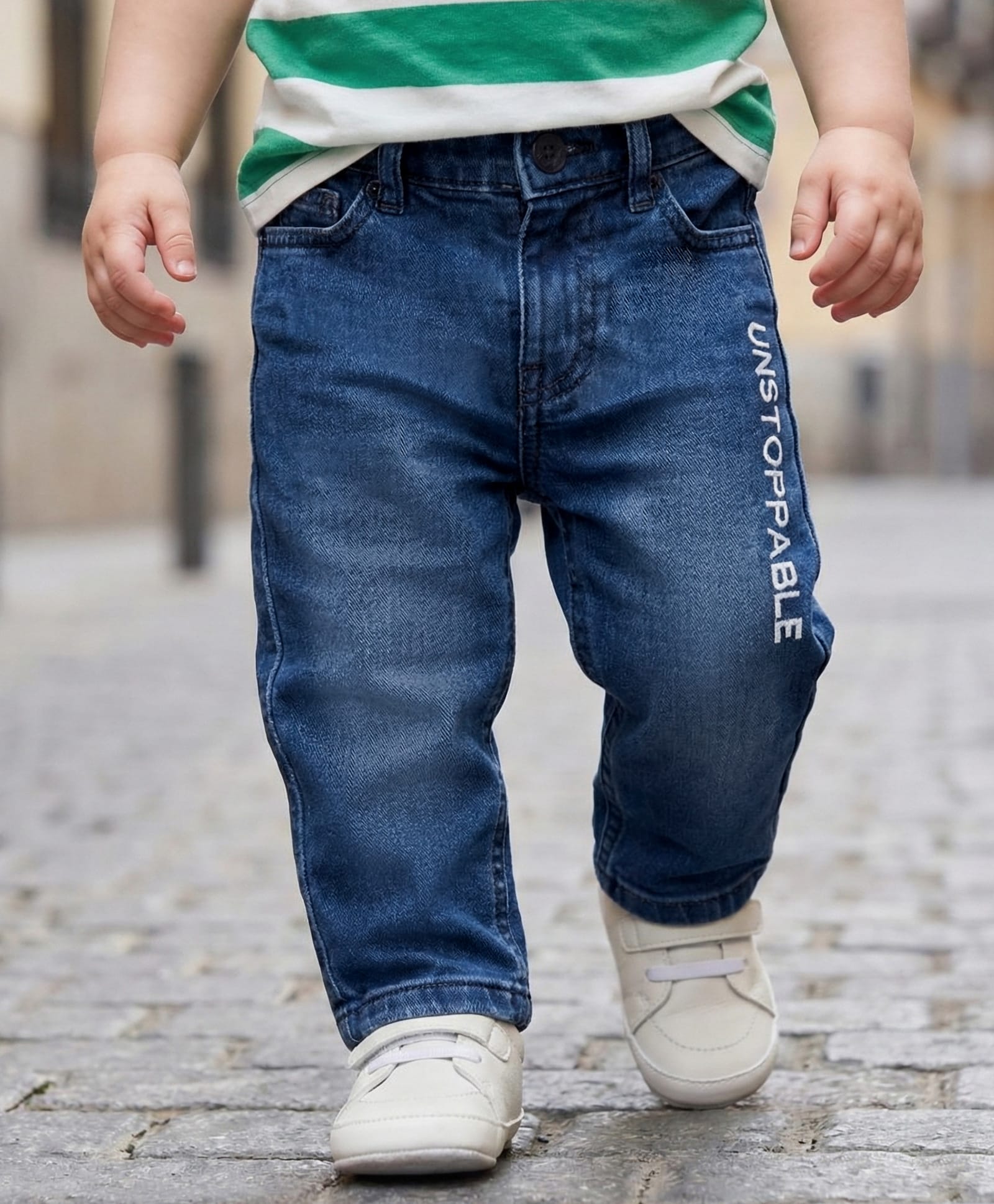 Babyoye Eco Conscious Cotton Elastane Woven Full Length Washed Jeans with Text Embroidery - Blue-picture-27