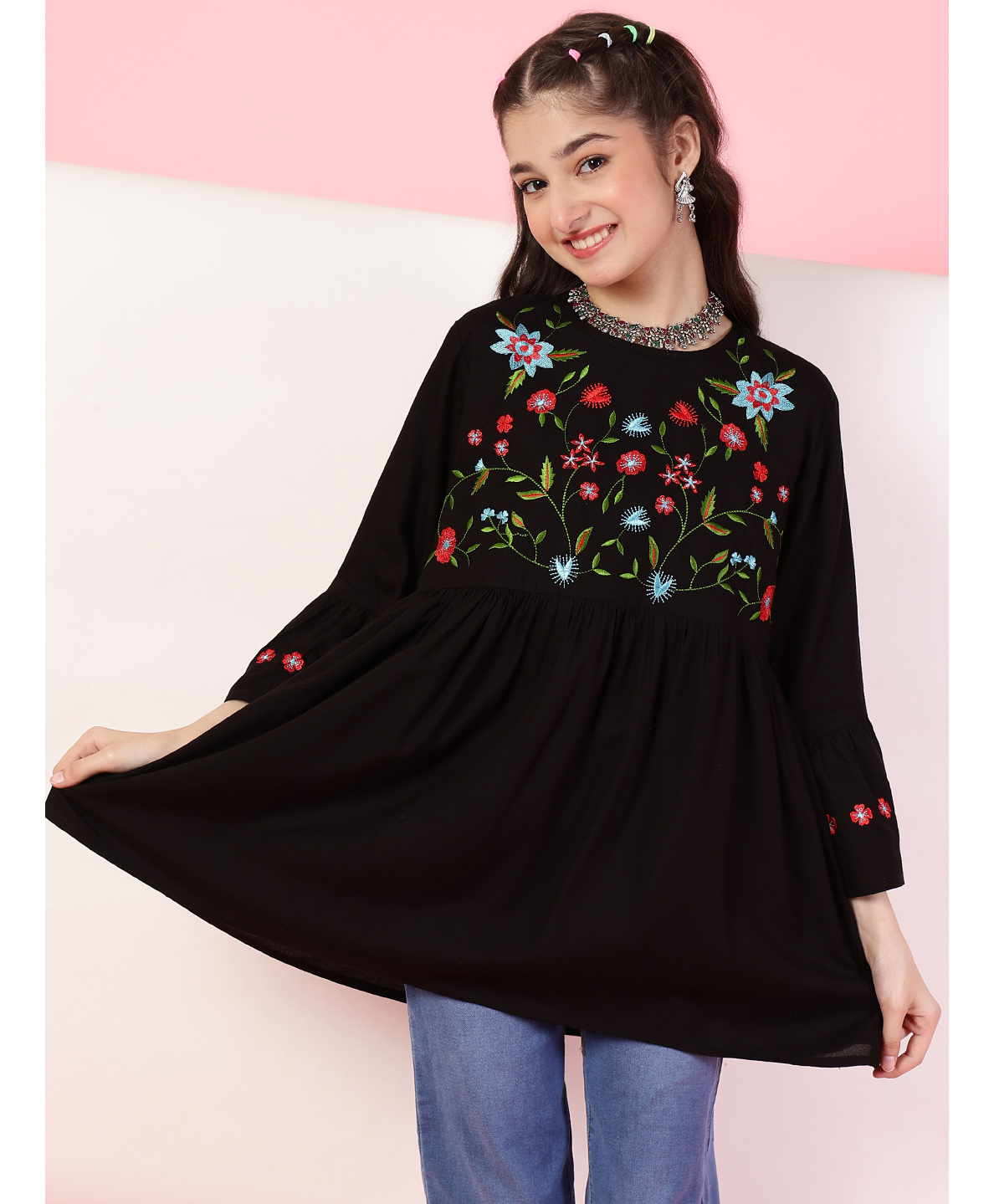 ISHTI Rayon Three Fourth Bell Sleeves Floral Embroidered Top - Black-picture-13