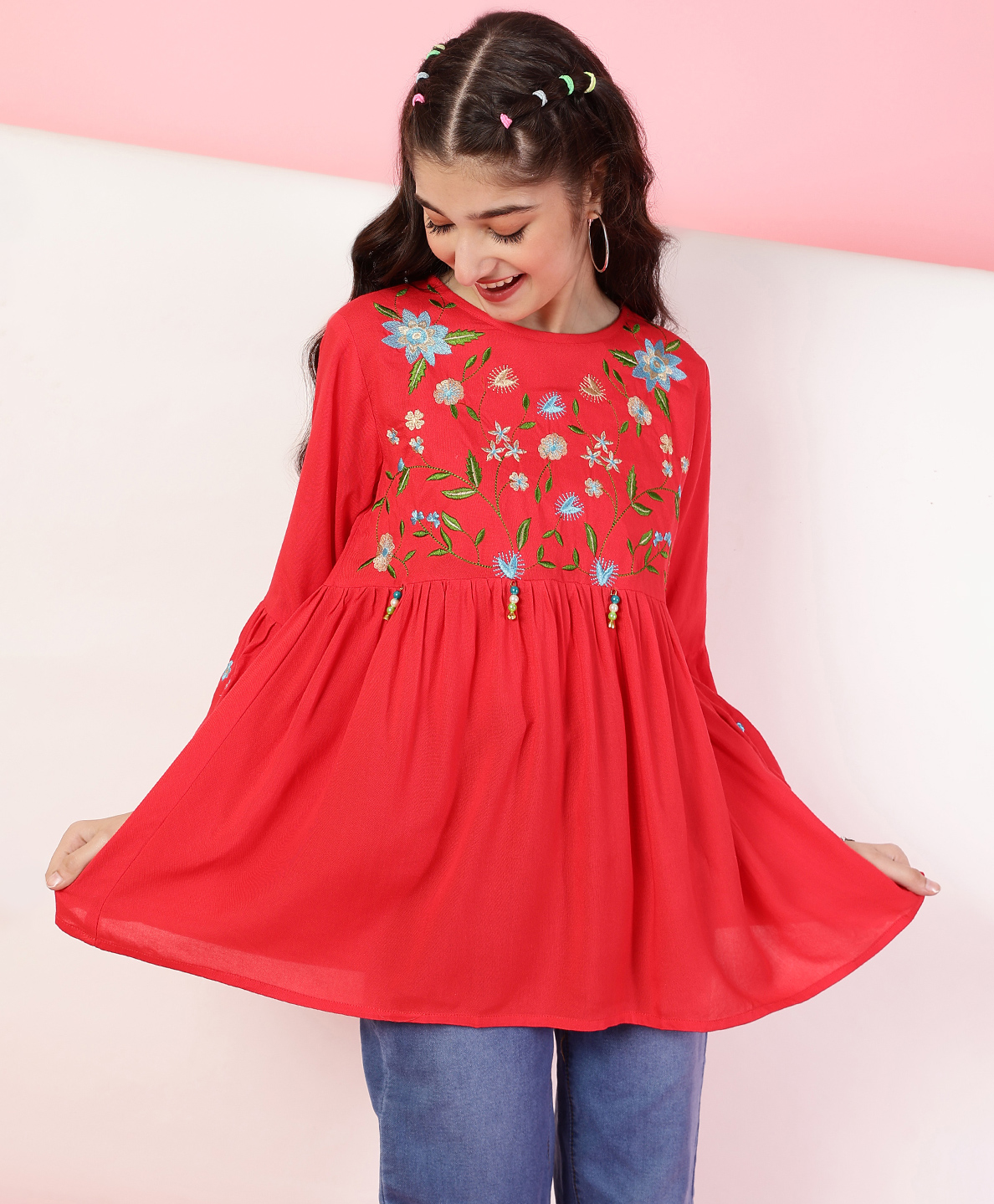 ISHTI Rayon Three Fourth Bell Sleeves Floral Embroidered Top - Coral-picture-38