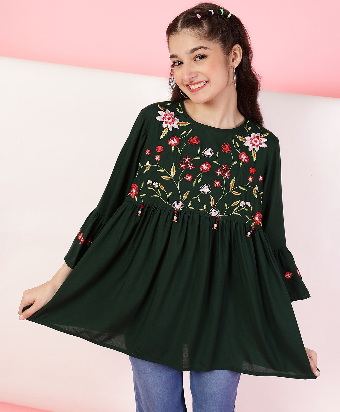 ISHTI Rayon Three Fourth Bell Sleeves Floral Embroidered Top - Dark Green-picture-39