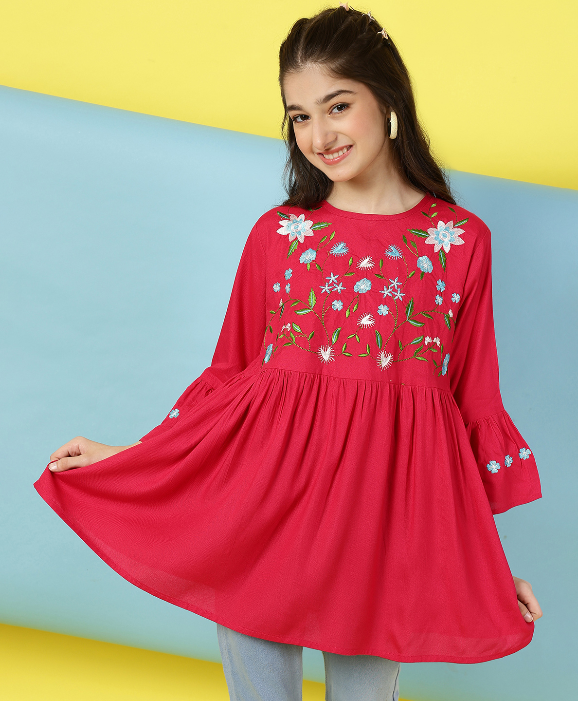ISHTI Rayon Three Fourth Bell Sleeves Floral Embroidered Top - Maroon-picture-37