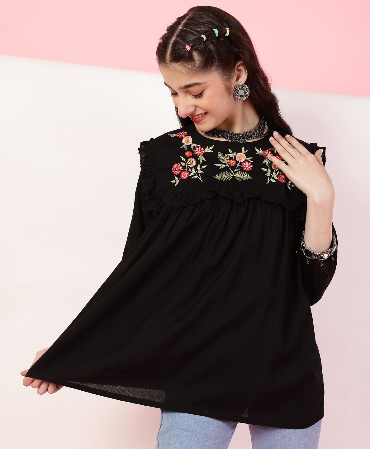 ISHTI Three Fourth Sleeves Frill Detailed Floral Embroidered Top - Black-picture-38